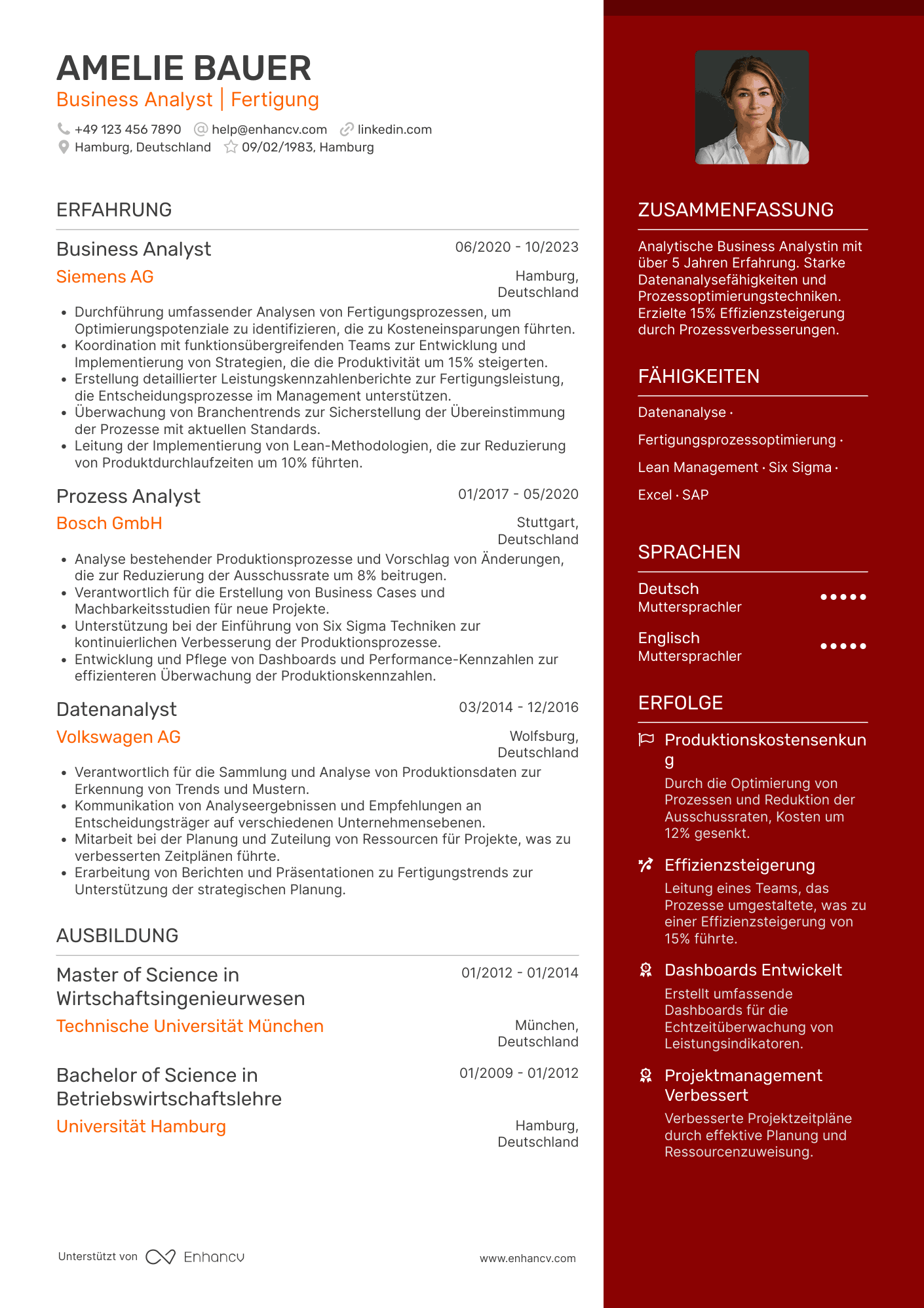 Lebenslauf als Business Analyst für Fertigung