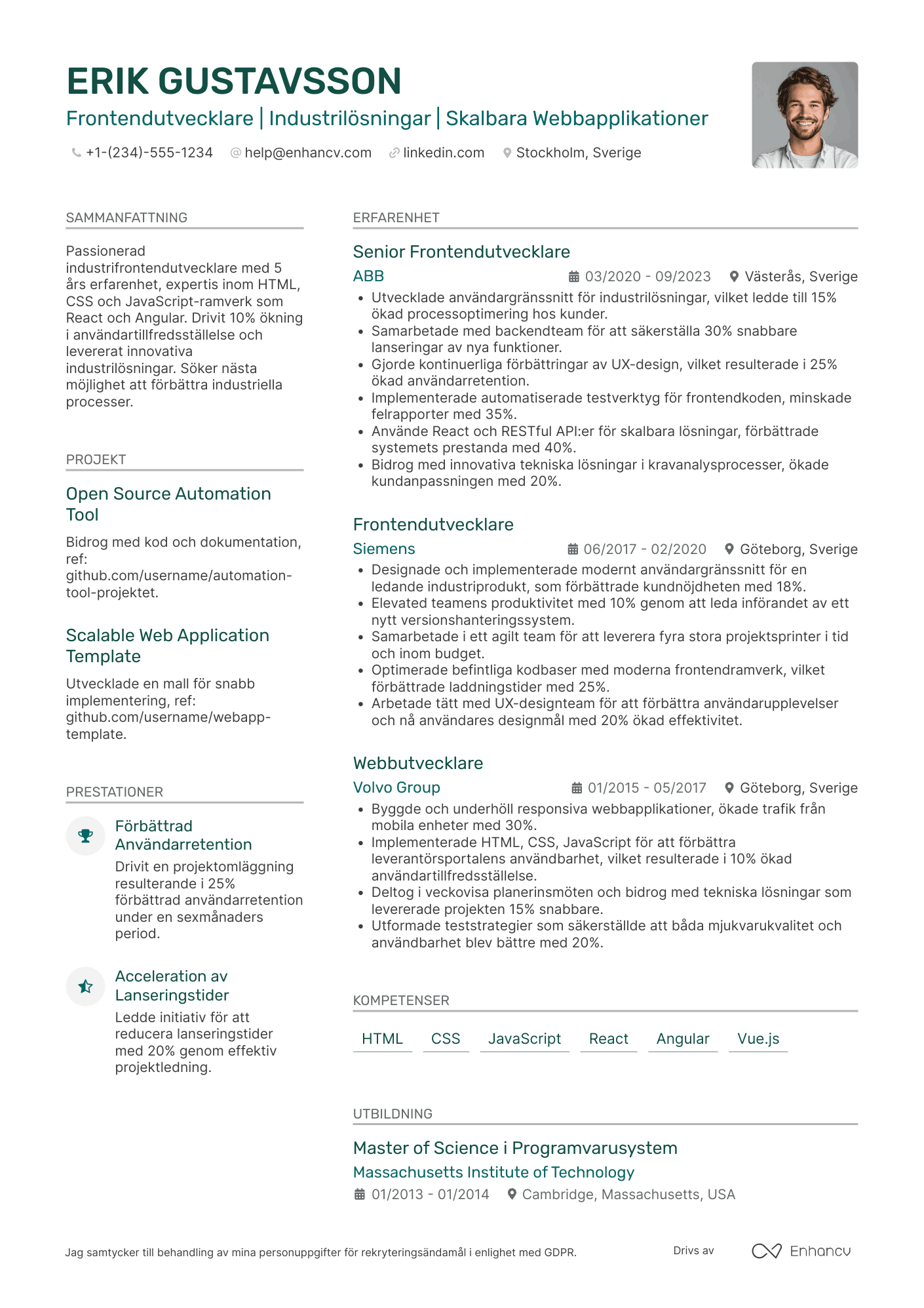 CV för Industrifrontendutvecklare