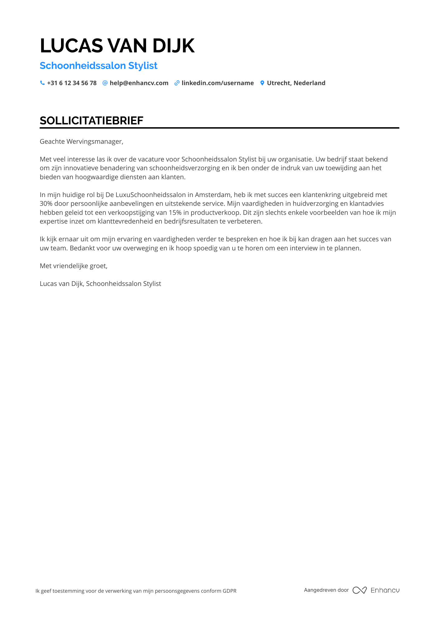 Sollicitatiebrief voor Schoonheidssalon Stylist