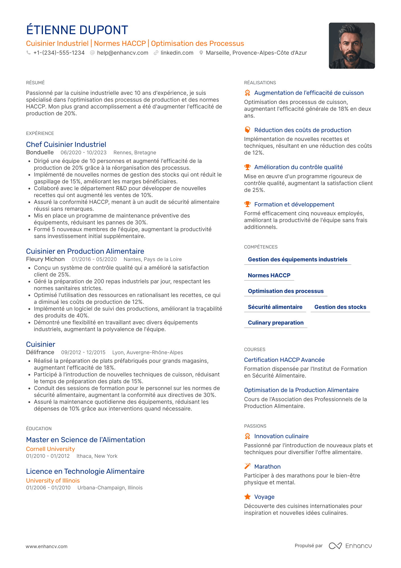 CV de cuisinier industriel