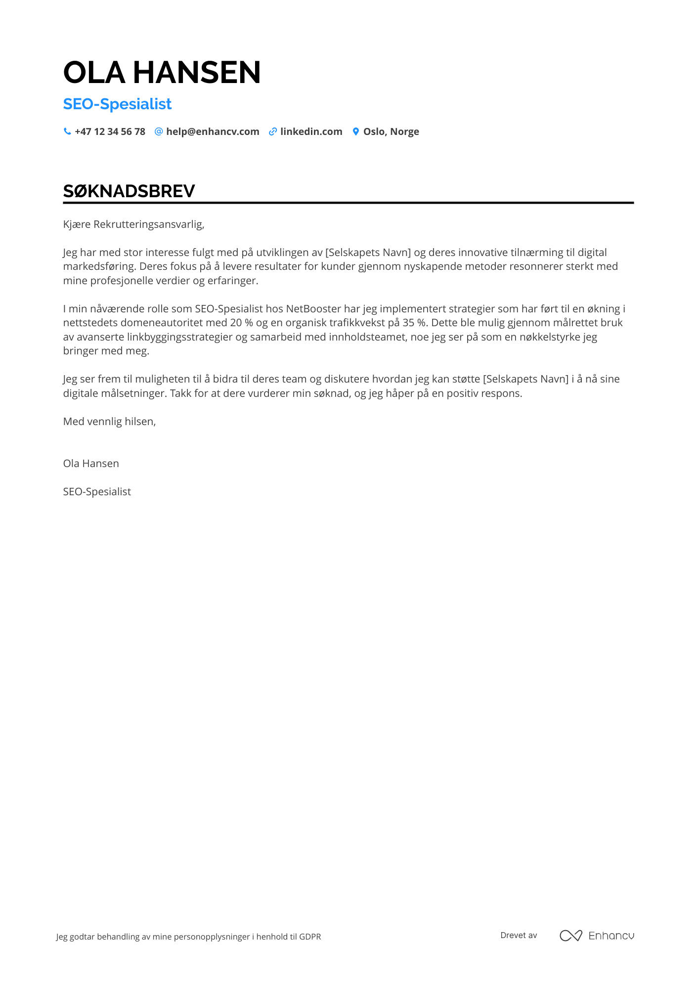Søknadsbrev for SEO Spesialist Linkbygging