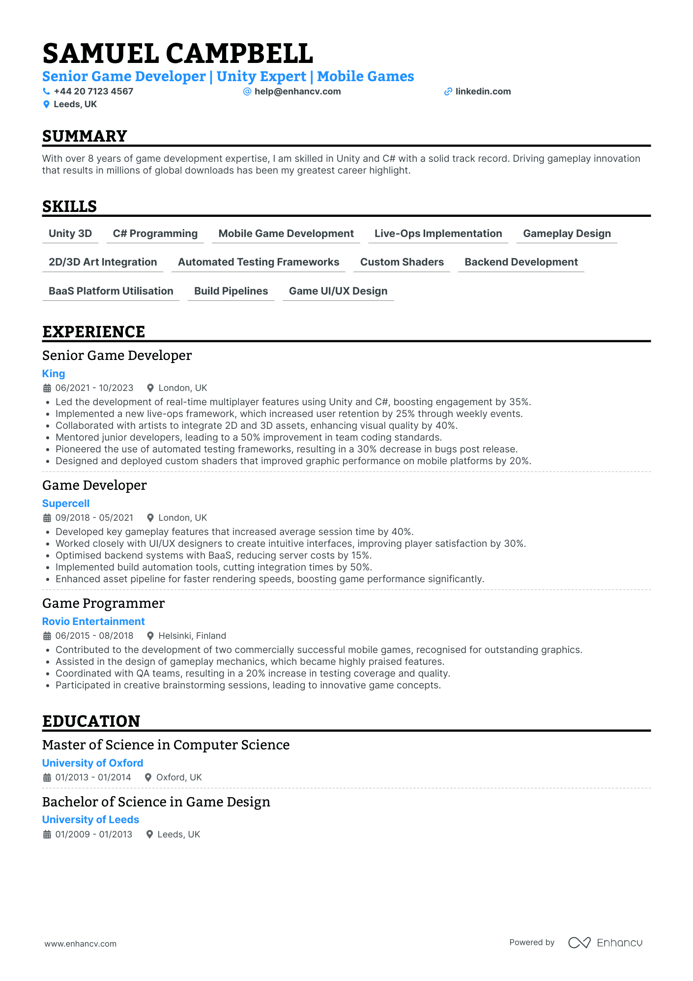 Game Developer Architect CV Examples