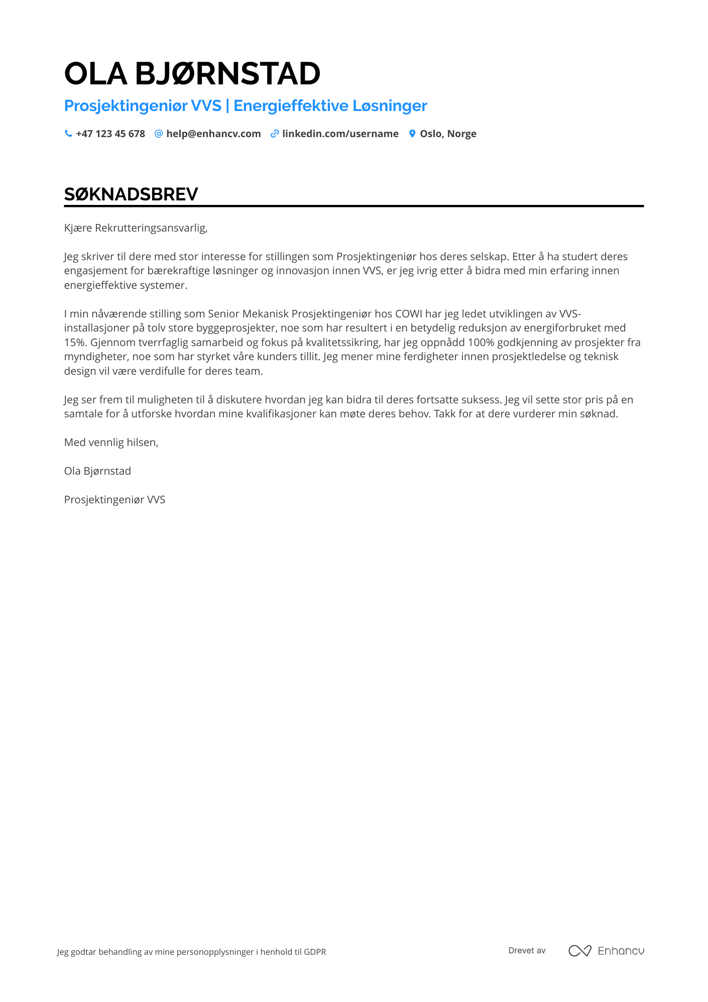 Søknadsbrev for Mekanisk Prosjektingeniør   VVS