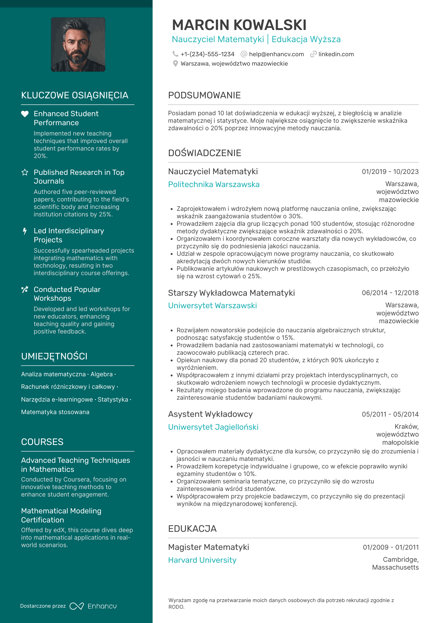 CV dla Nauczyciel Matematyki w Edukacji Wyższej