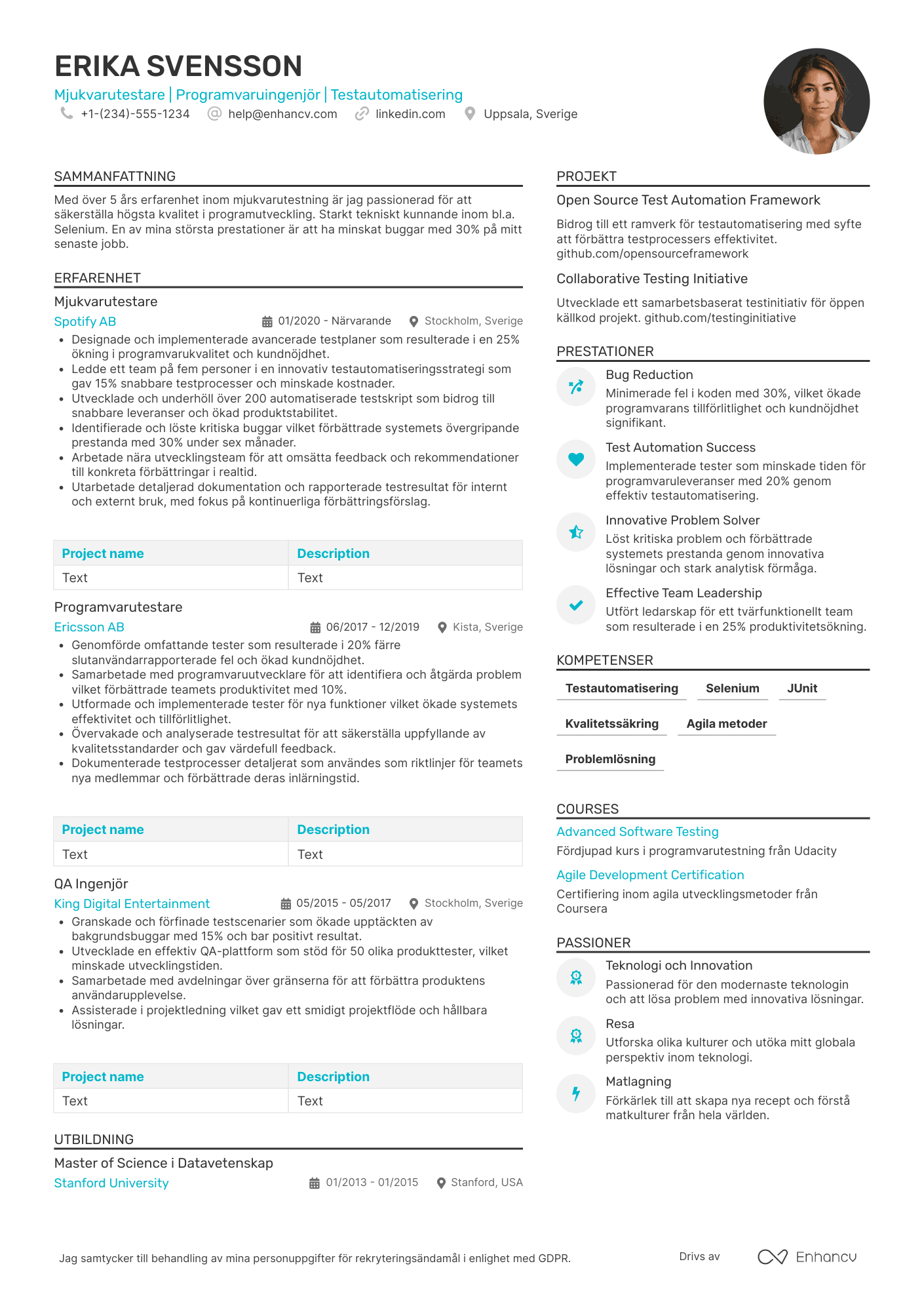 CV för Mjukvarutestare och Programvaruingenjör