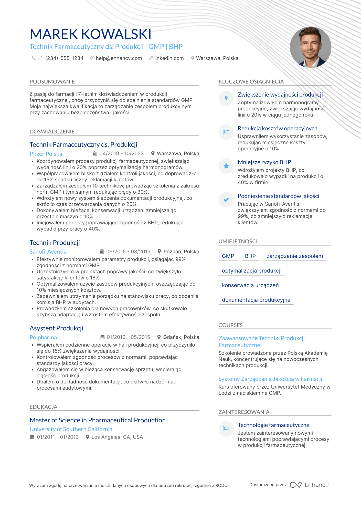 CV dla Technik Farmaceutyczny ds. Produkcji