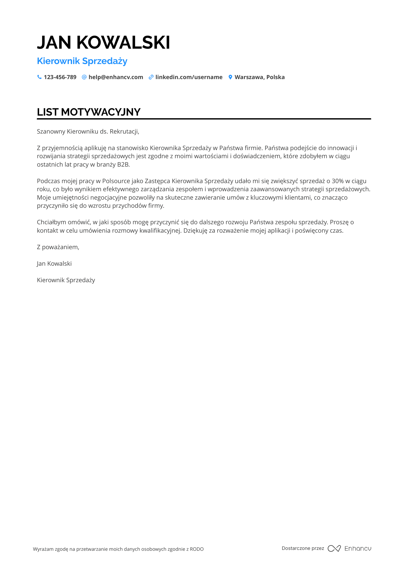 List motywacyjny dla Kierownik Sprzedaży