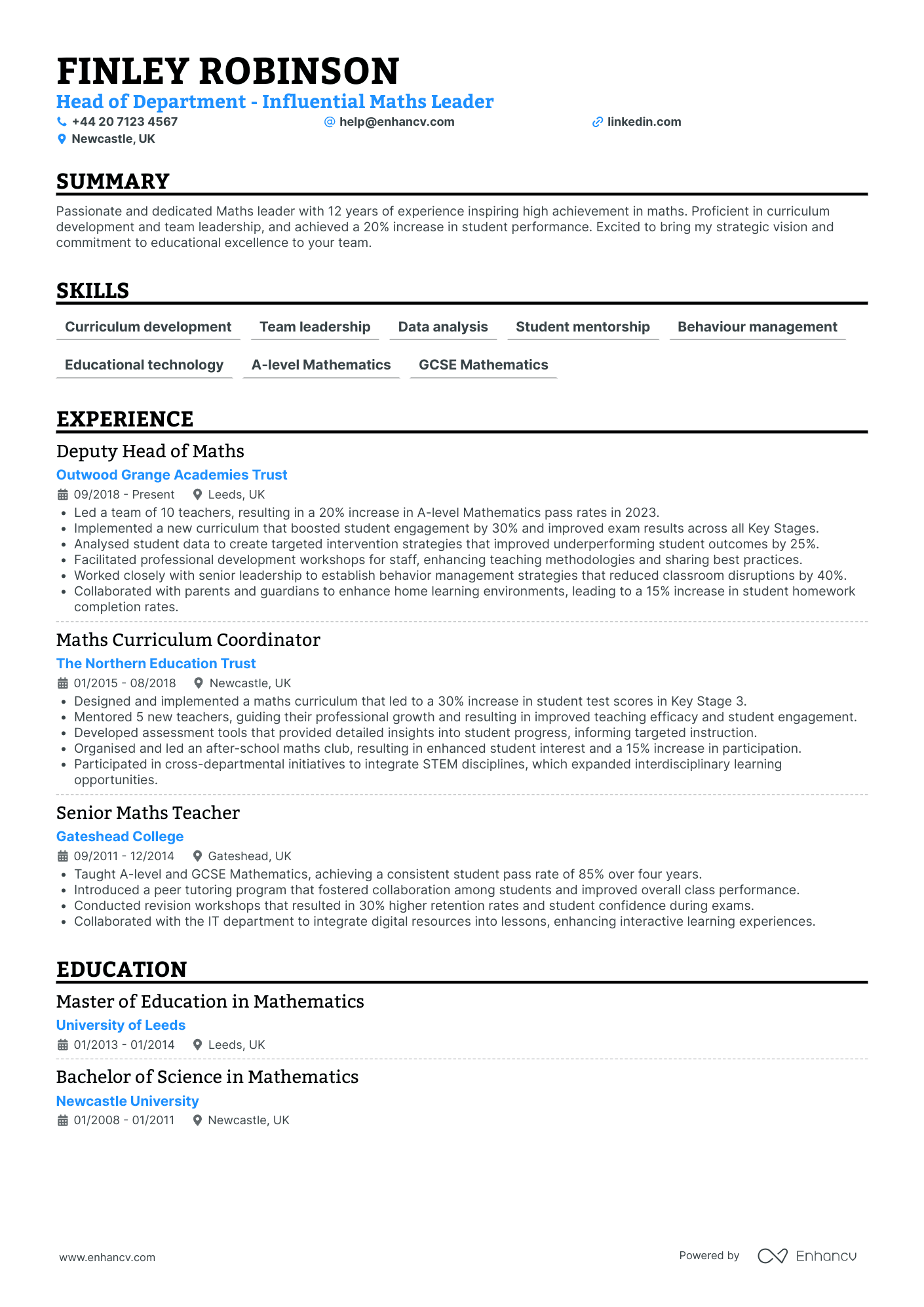 Math Department Head CV Examples