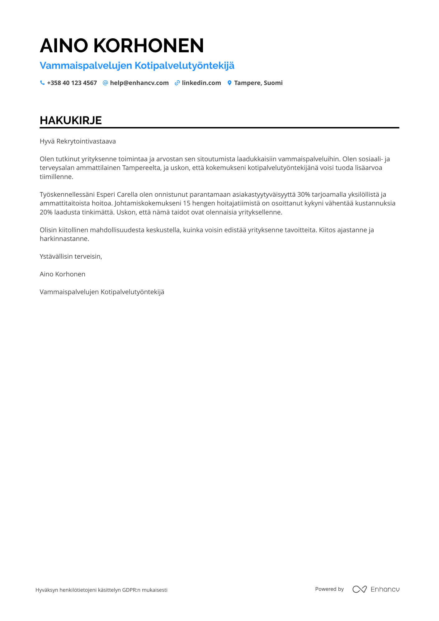 Hakukirje Vammaispalvelujen kotipalvelutyöntekijä