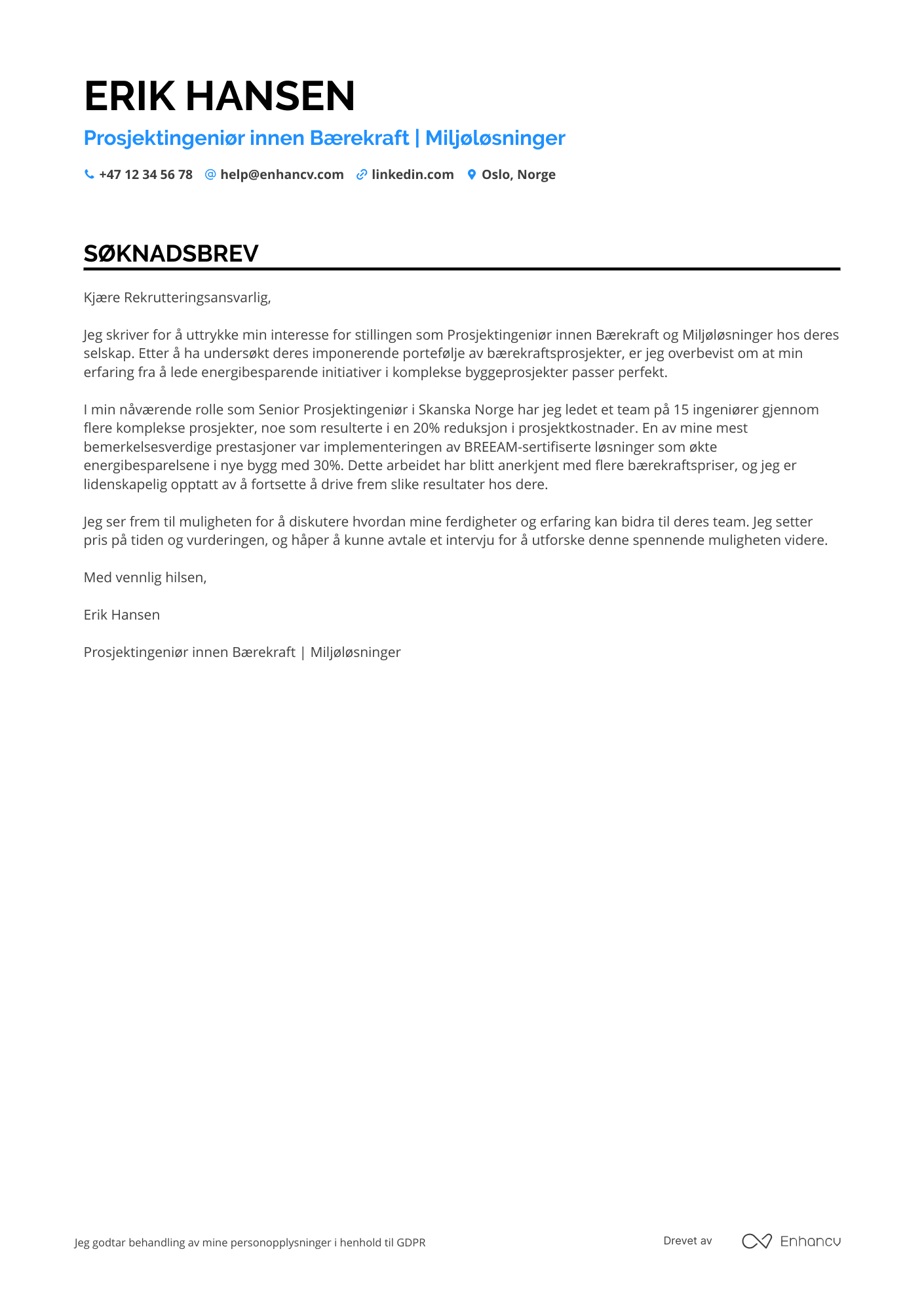 Søknadsbrev for Bærekraftsprosjektingeniør innenfor Bygg