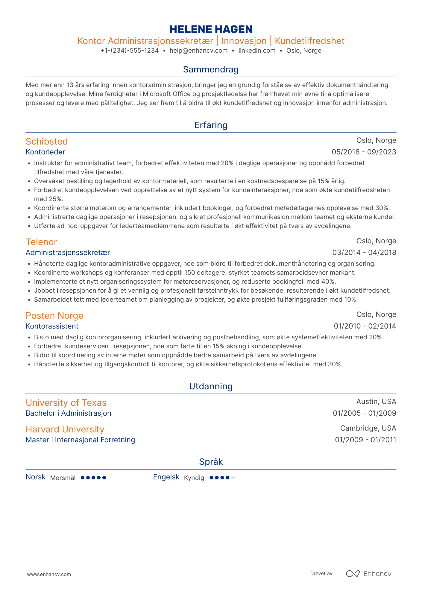 CV for Kontor Administrasjonssekretær