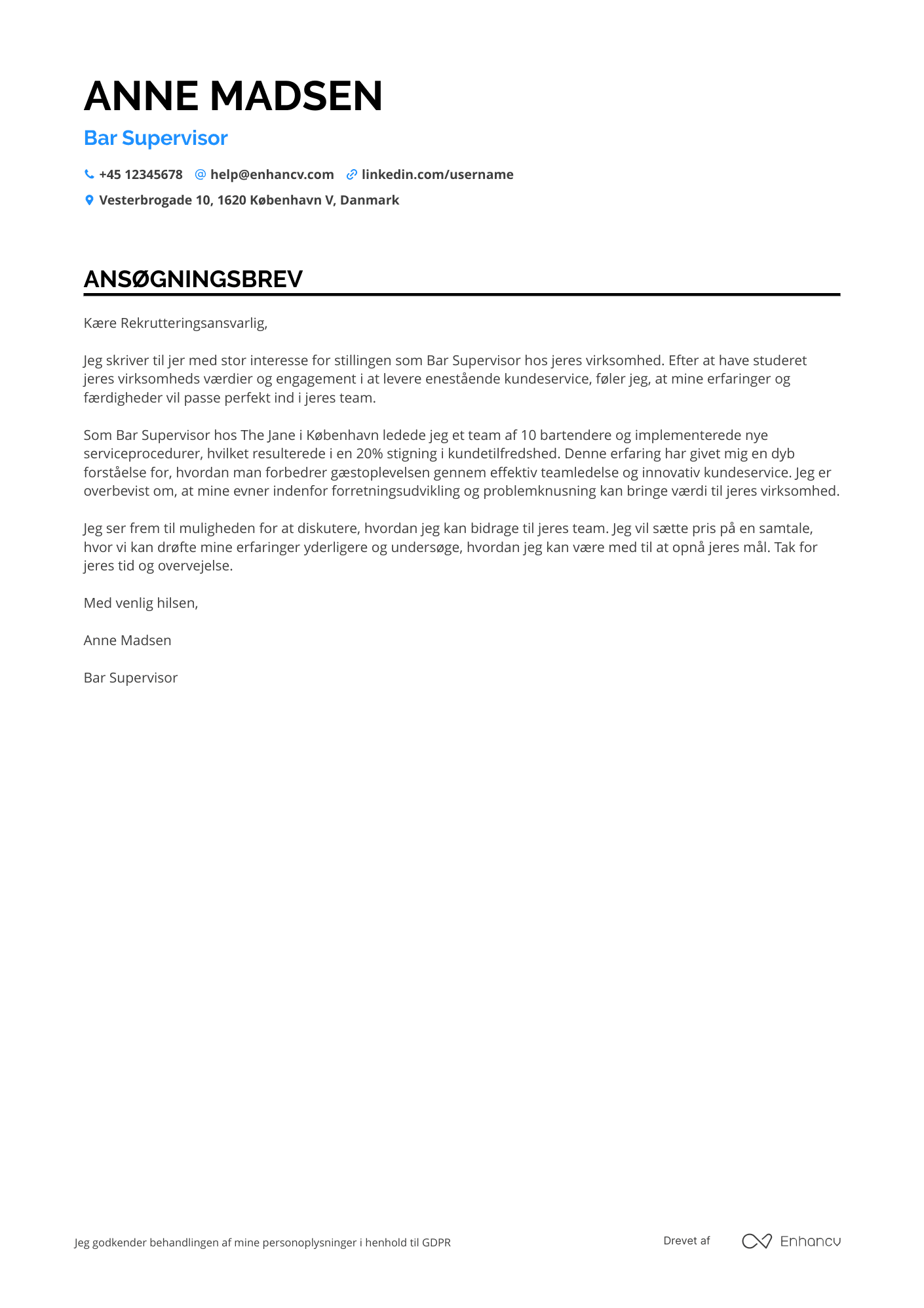 Ansøgningsbrev til Bar Supervisor