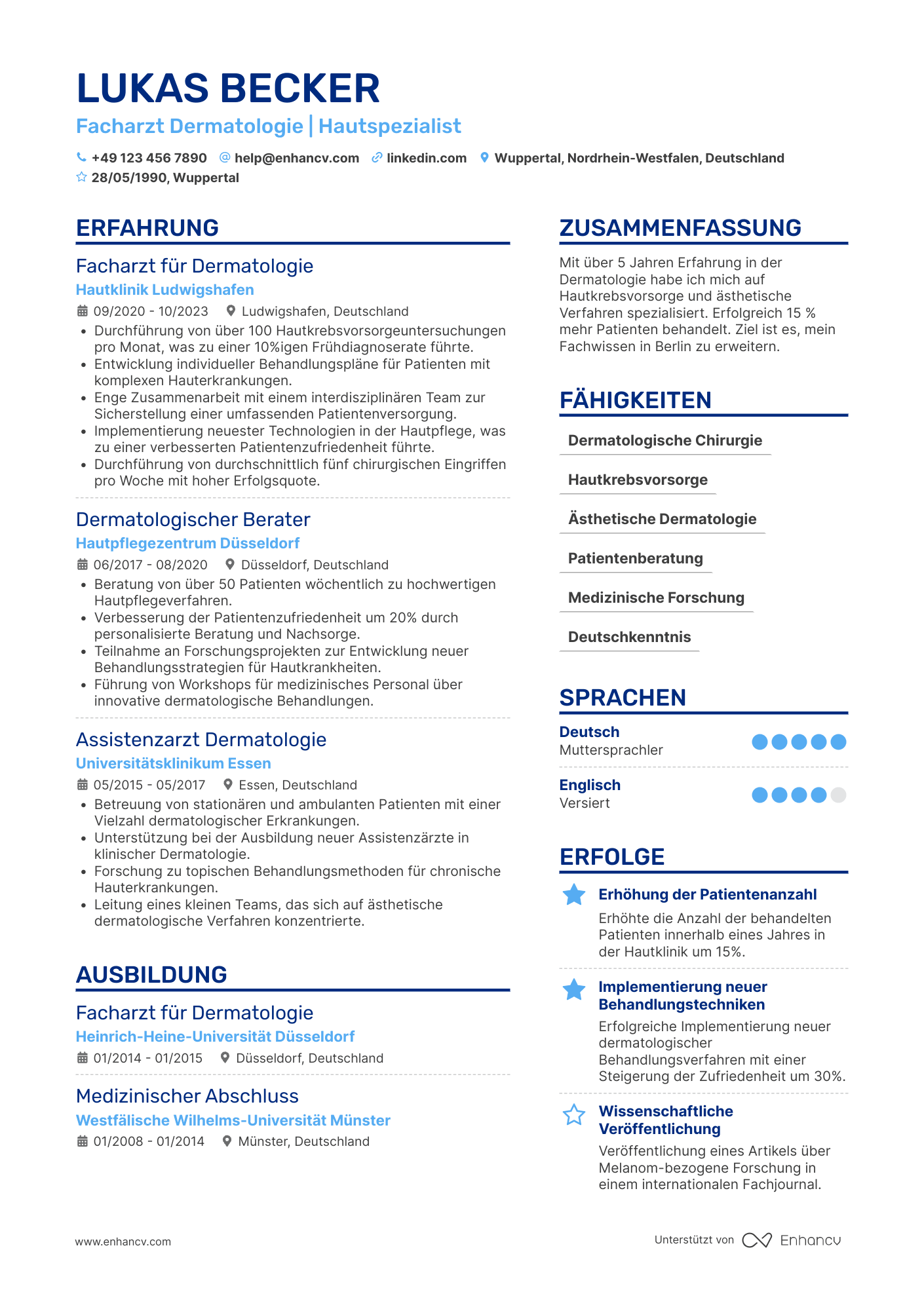 Lebenslauf als Arzt für Dermatologie