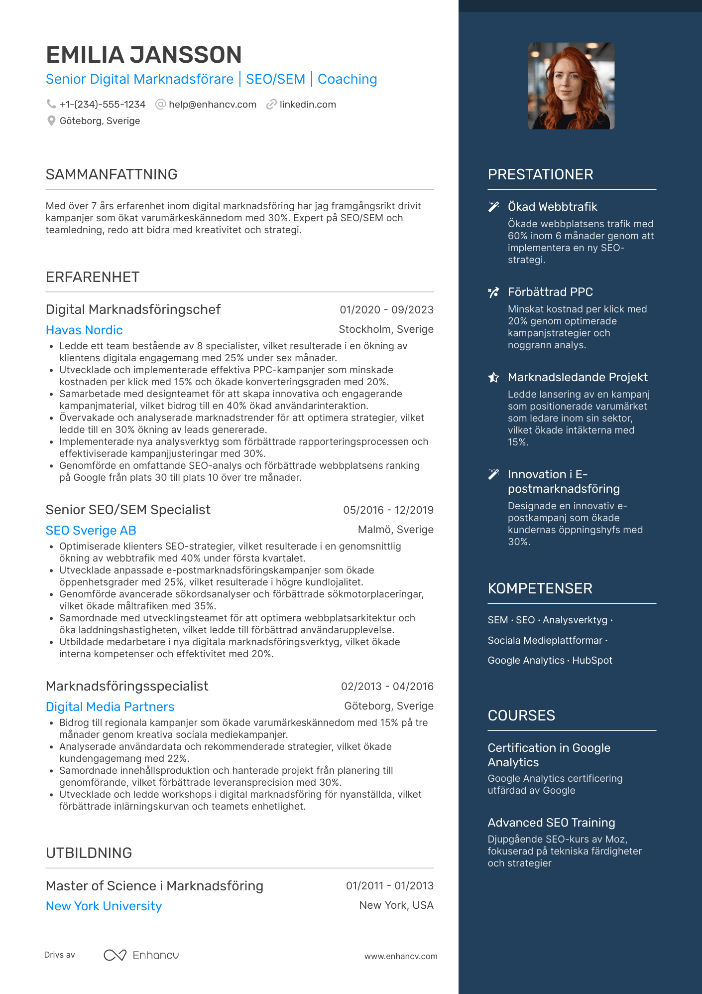 CV för Senior Digital Marknadsförare