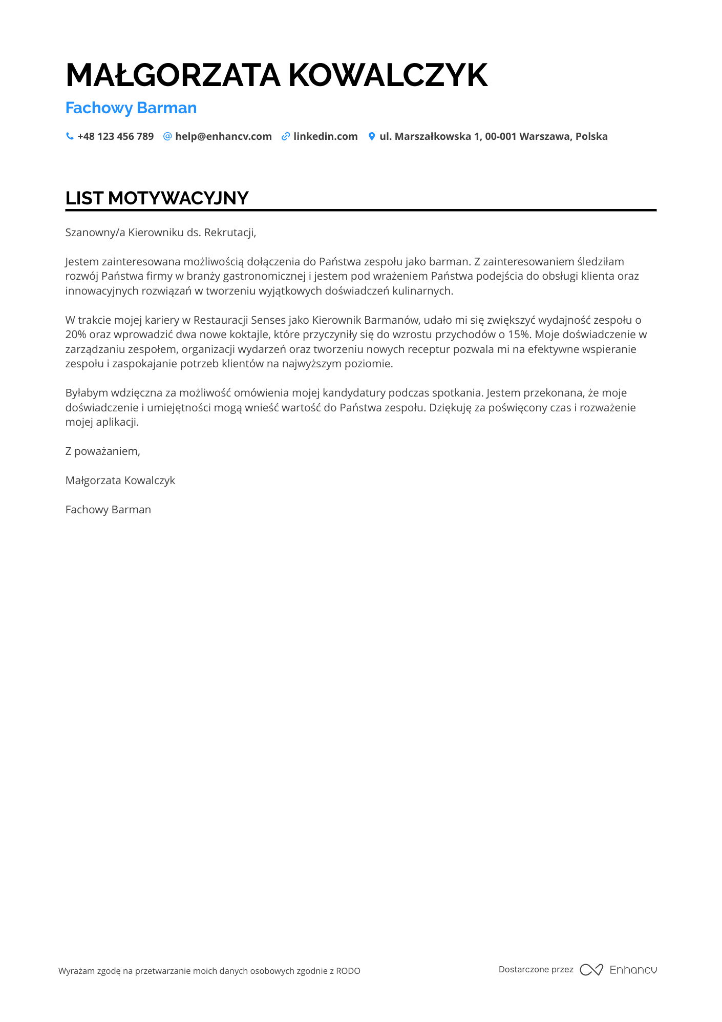 List motywacyjny dla Barman Eventowy