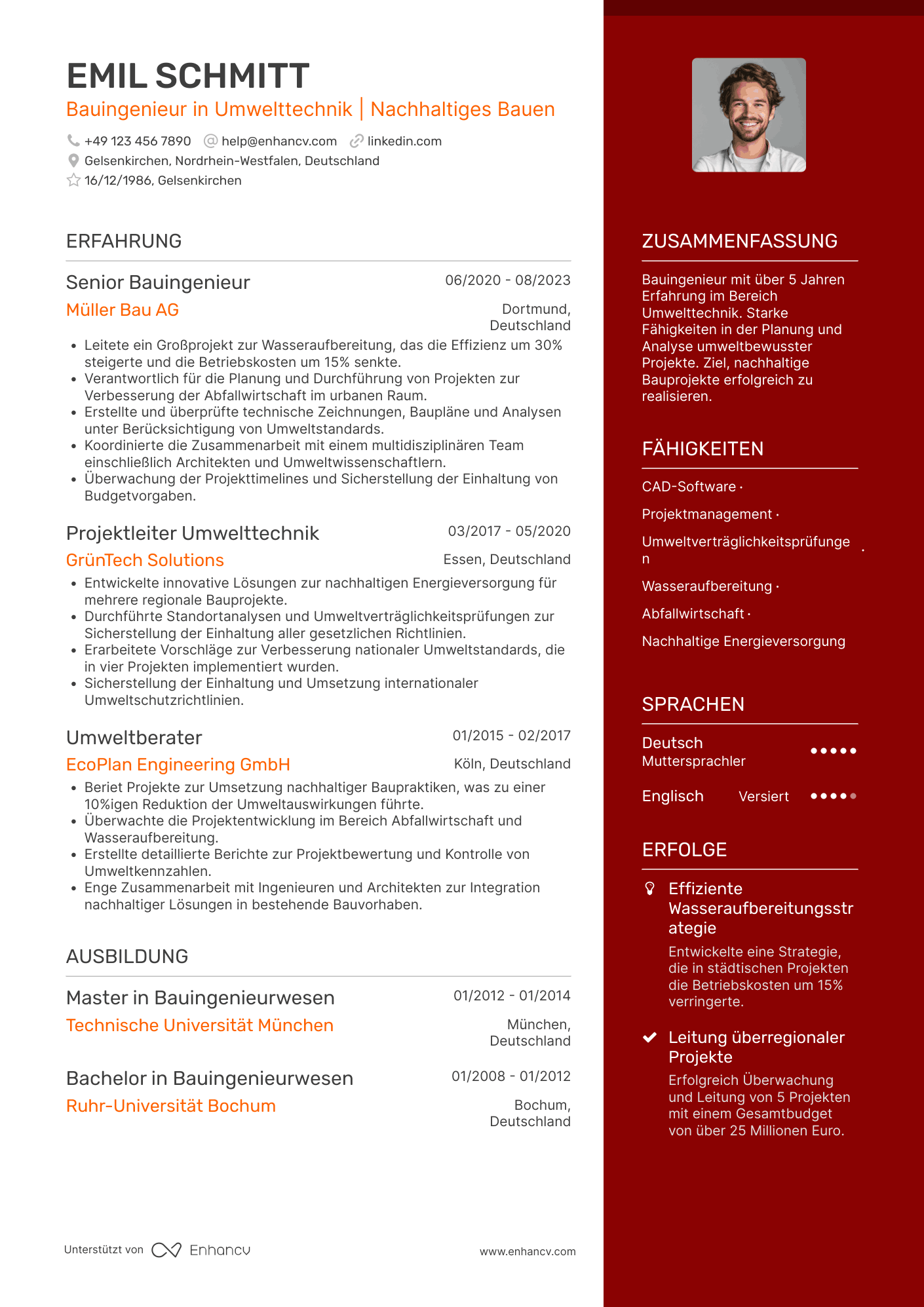 Lebenslauf in Bauingenieur in der Umwelttechnik