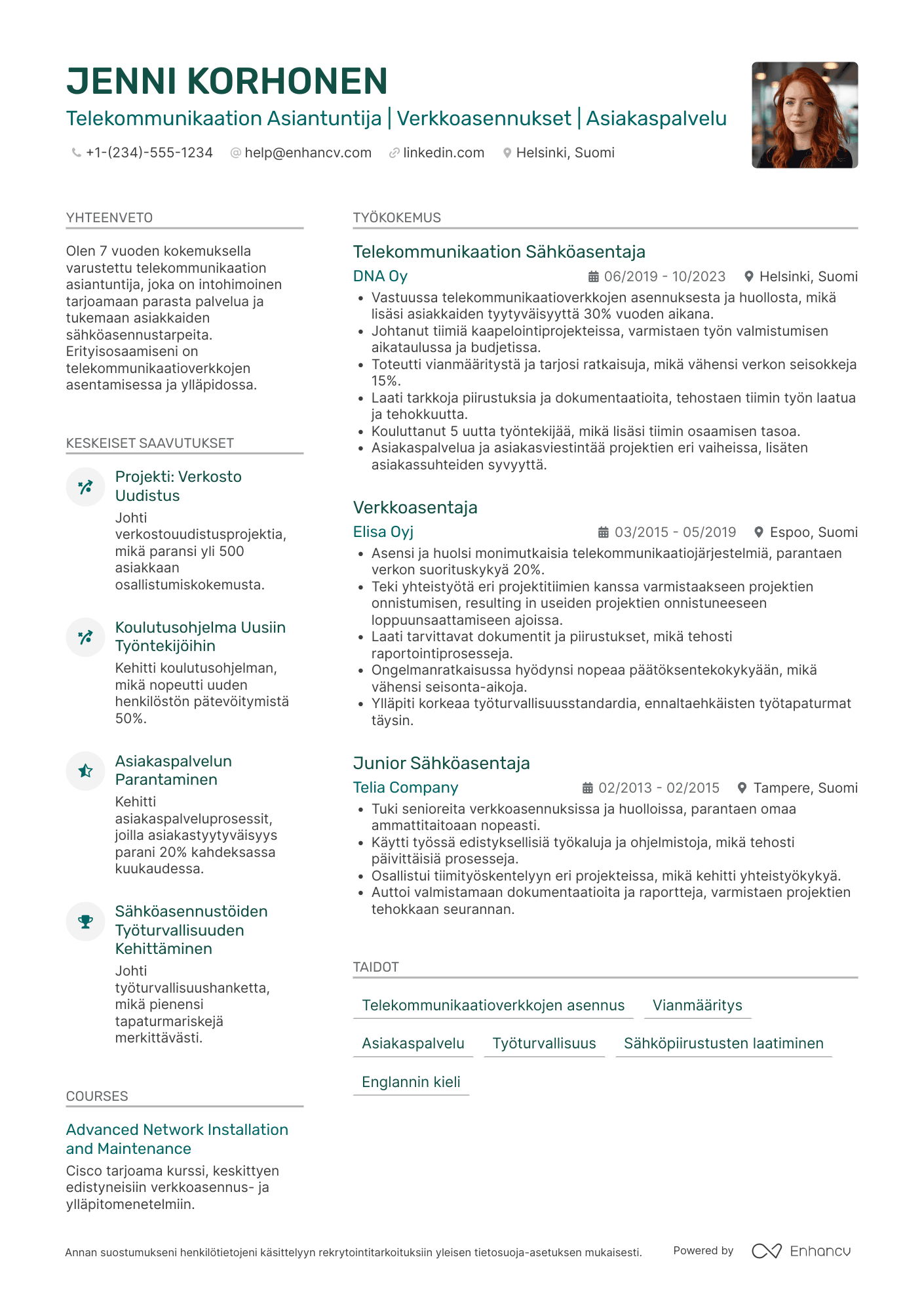 Ansioluettelo Telekommunikaation sähköasentaja