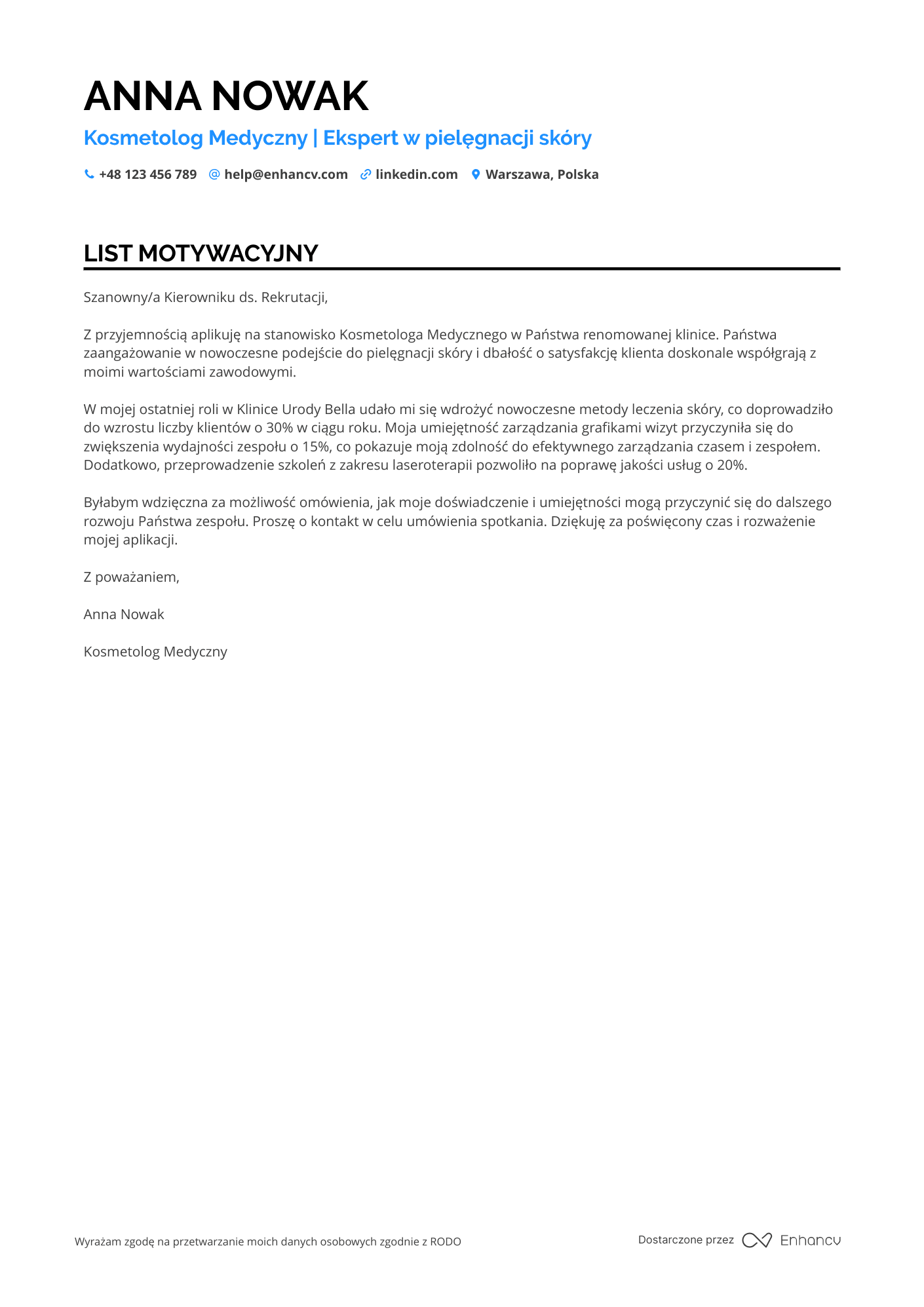 List motywacyjny dla Kosmetolog Medyczny