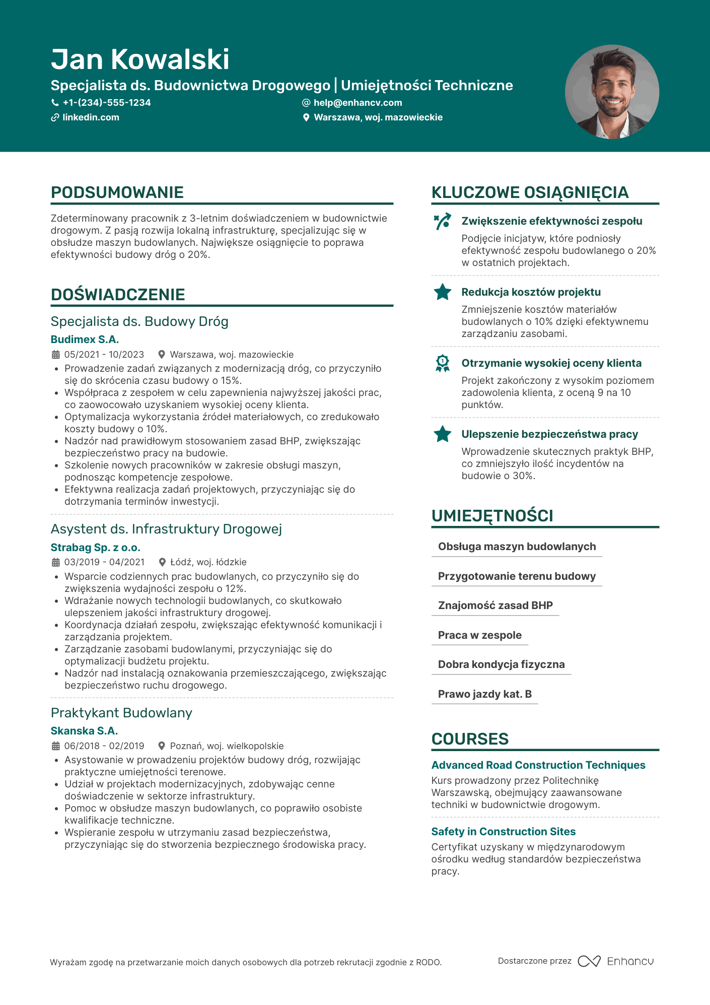 CV dla Pracownik Budowlany Infrastruktury Drogowej