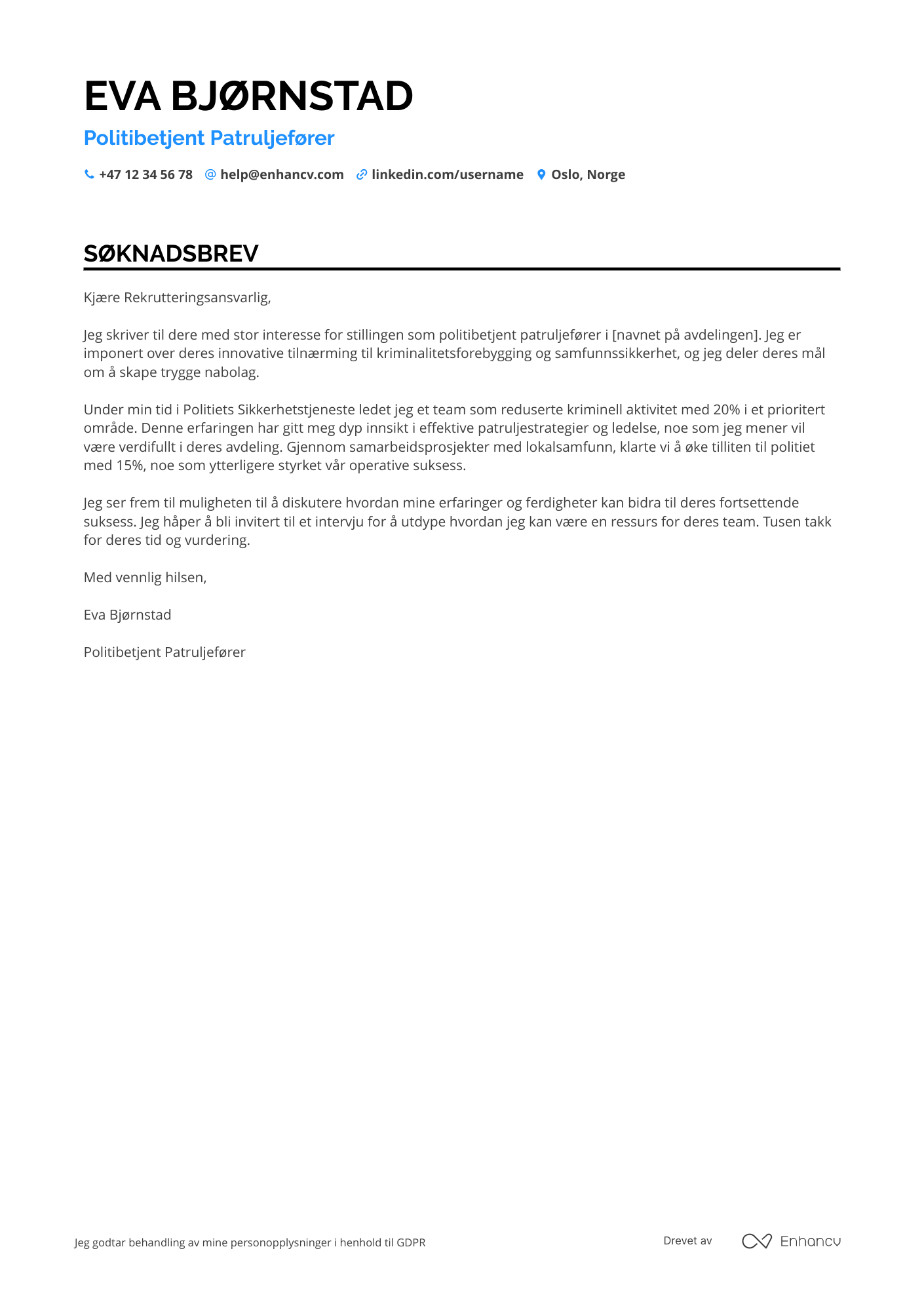 Søknadsbrev for Politibetjent Patruljefører