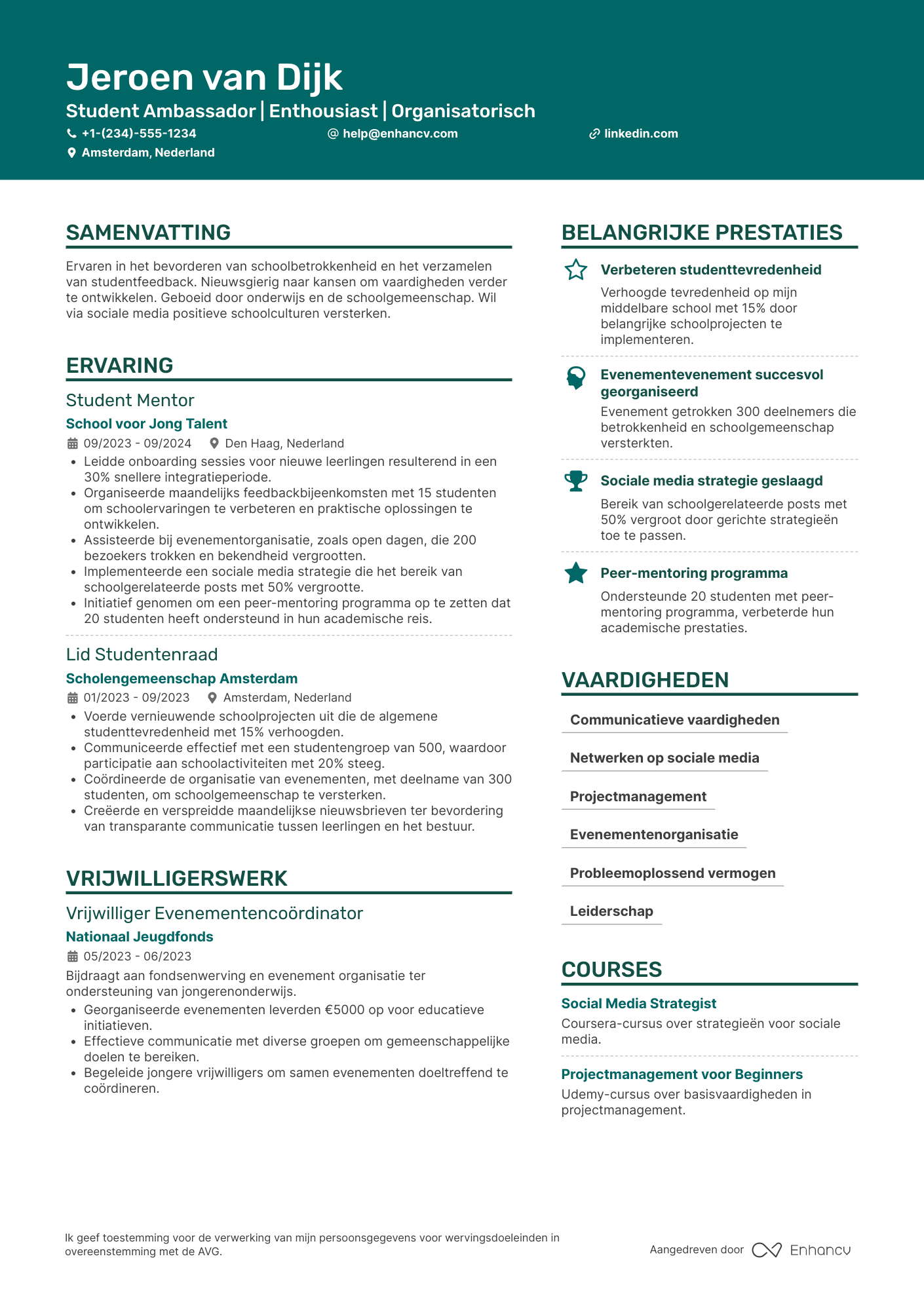 CV voor Middelbare School Student Ambassador