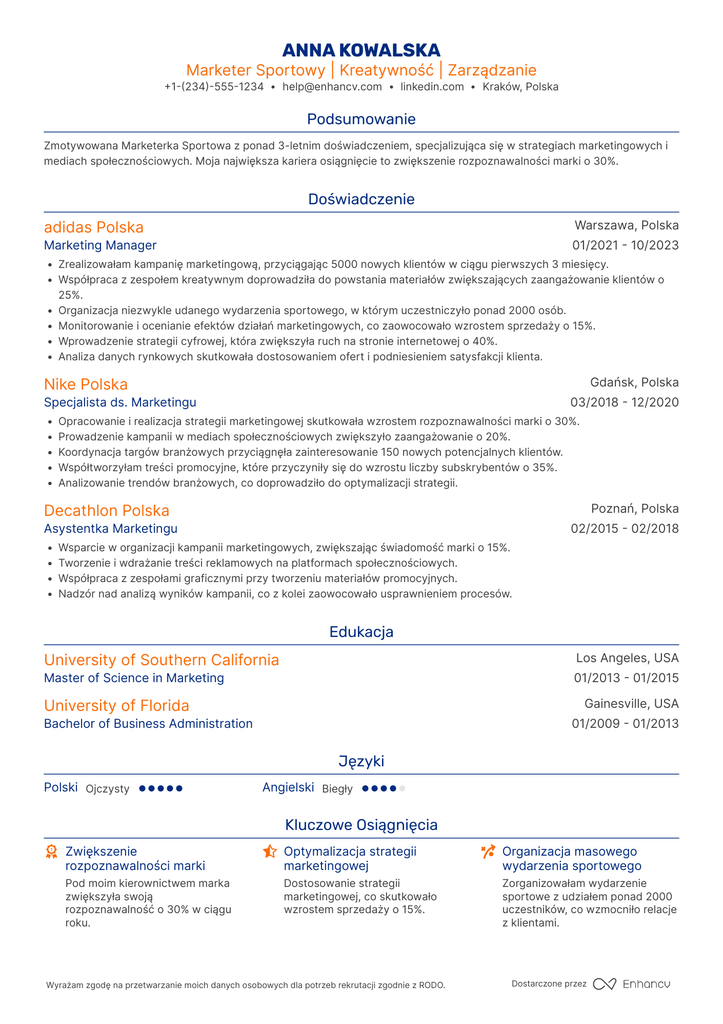 CV dla Marketer Sportowy