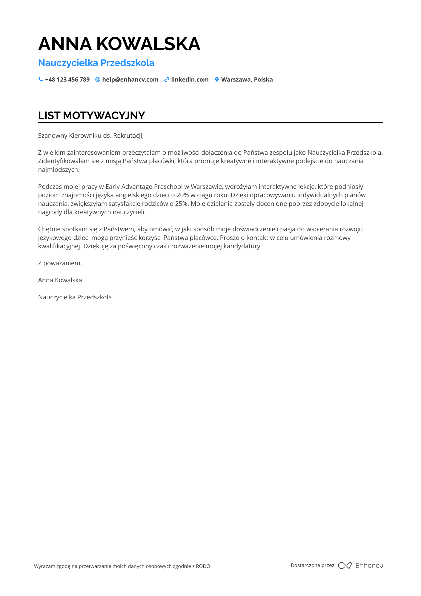 List motywacyjny dla Nauczyciel Przedszkola Językowy