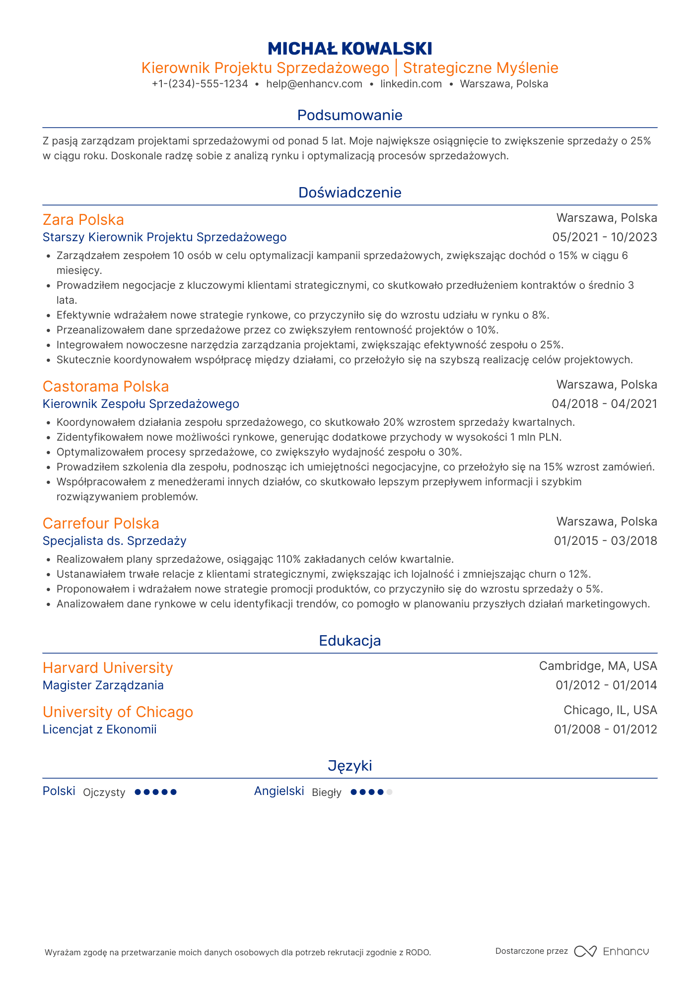 CV dla Kierownik Projektu Sprzedażowego
