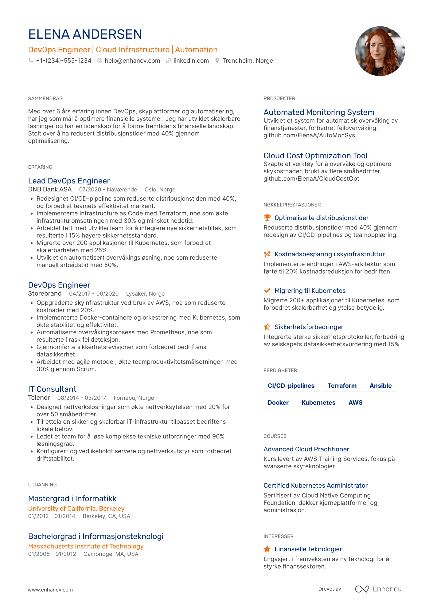 CV for DevOps ingeniør for finanssektoren