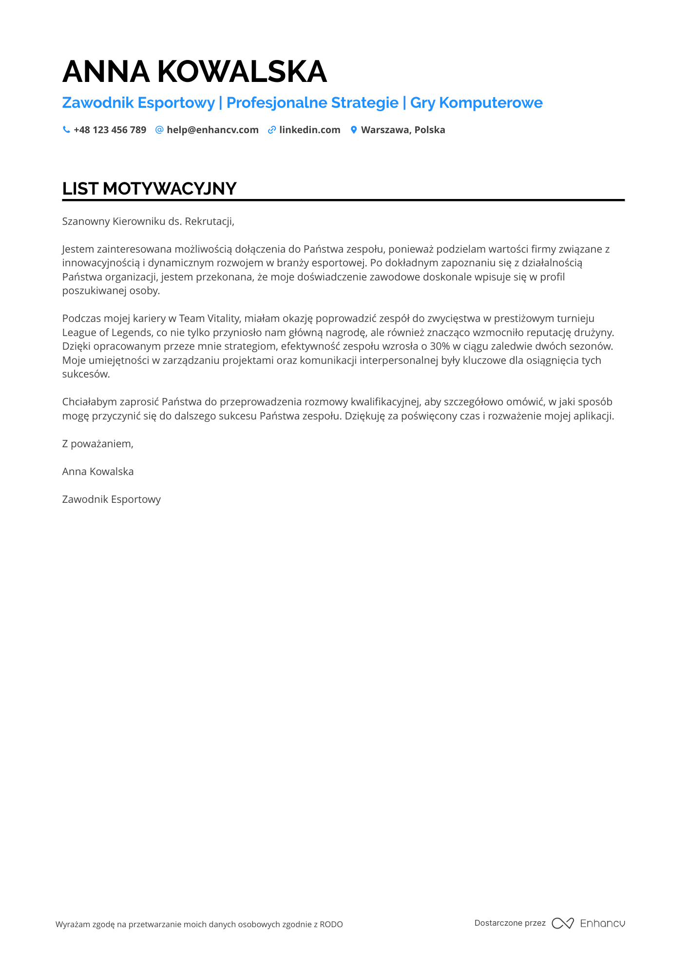 List motywacyjny dla Zawodnik Esportowy