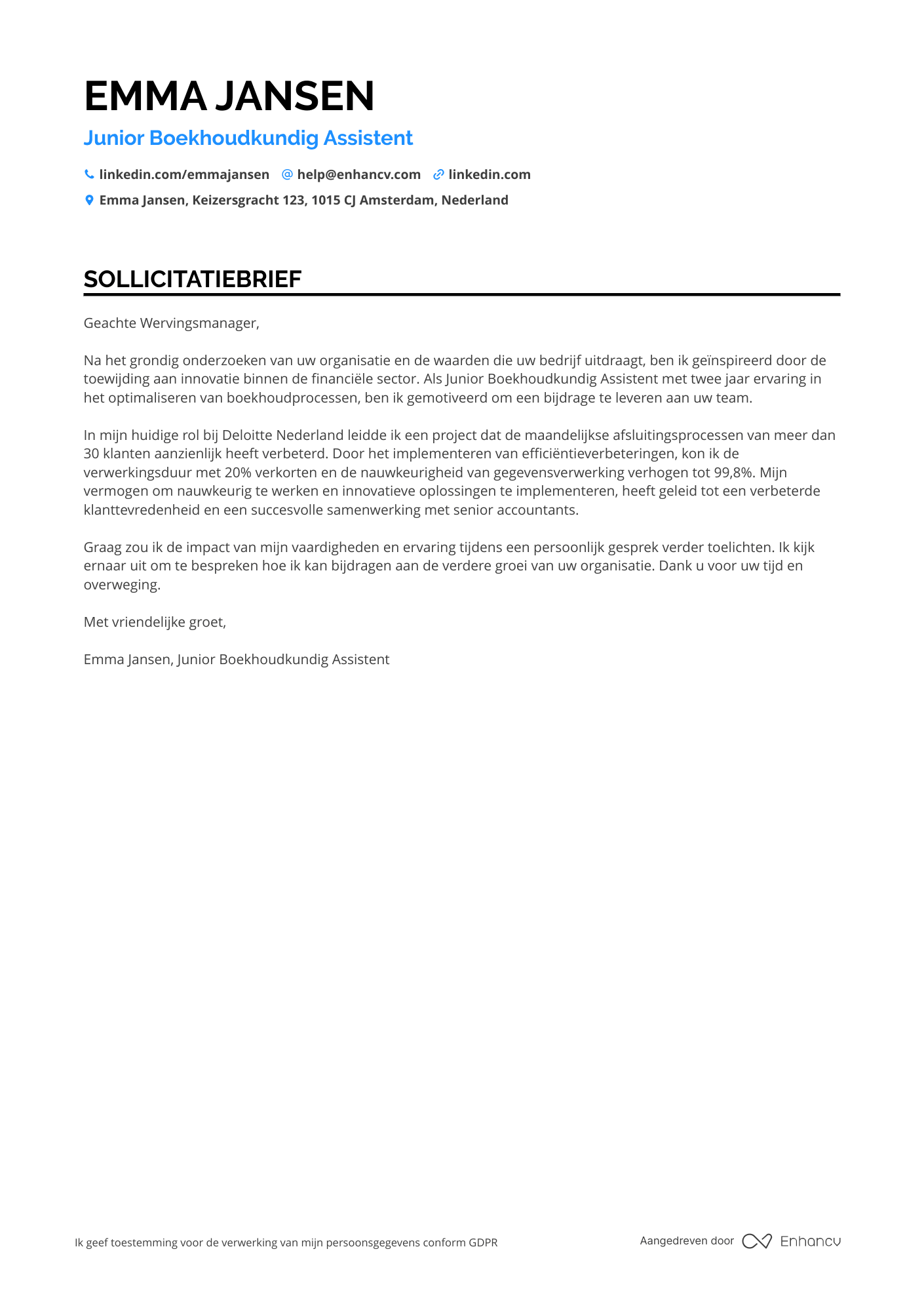 Sollicitatiebrief voor Junior Boekhoudkundig Assistent