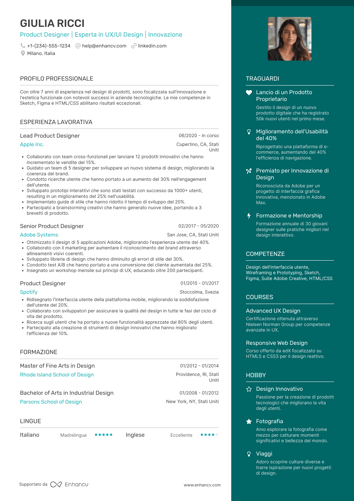 Esempio di CV Product Designer