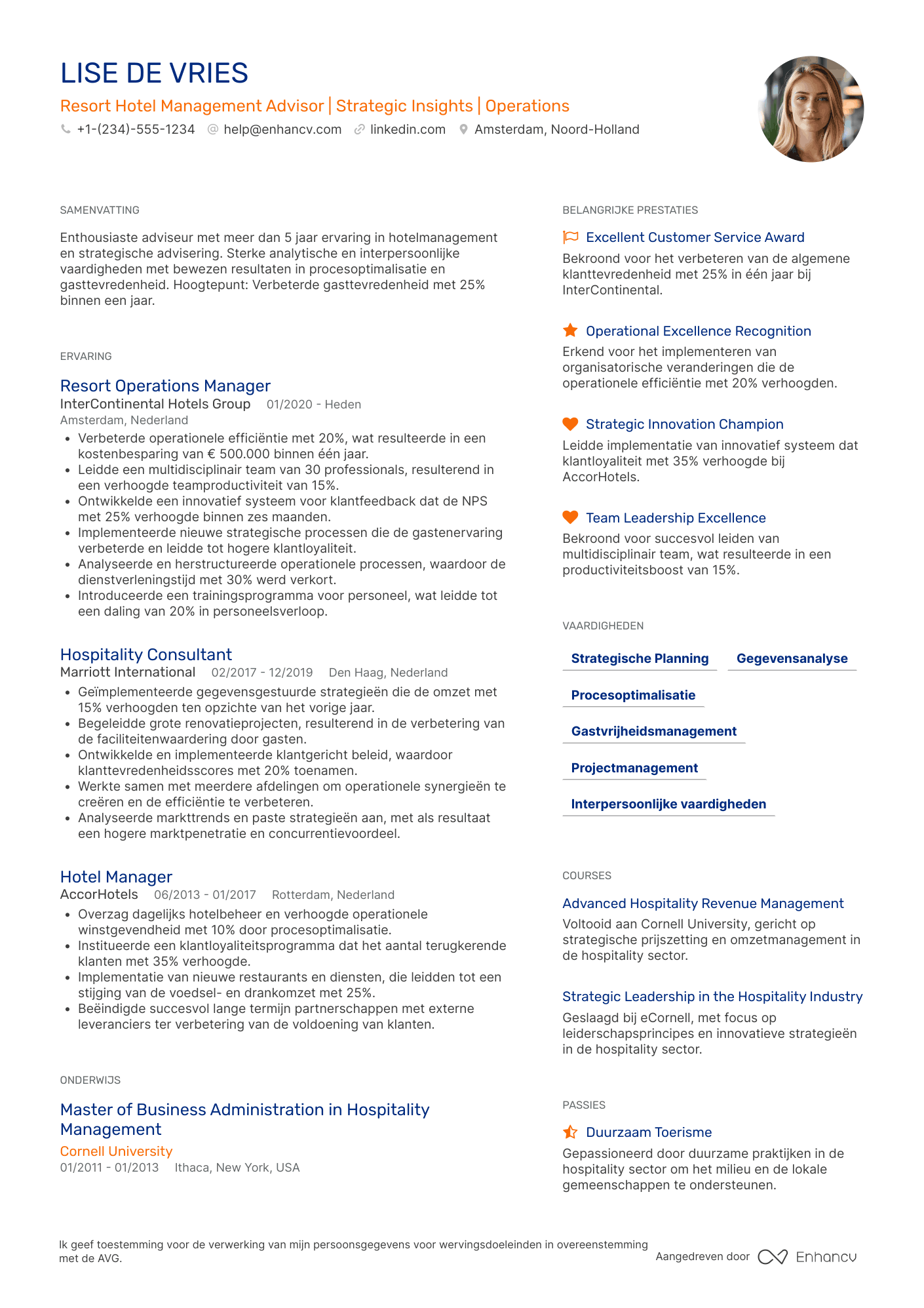 CV voor Resort Hotel Management Advisor