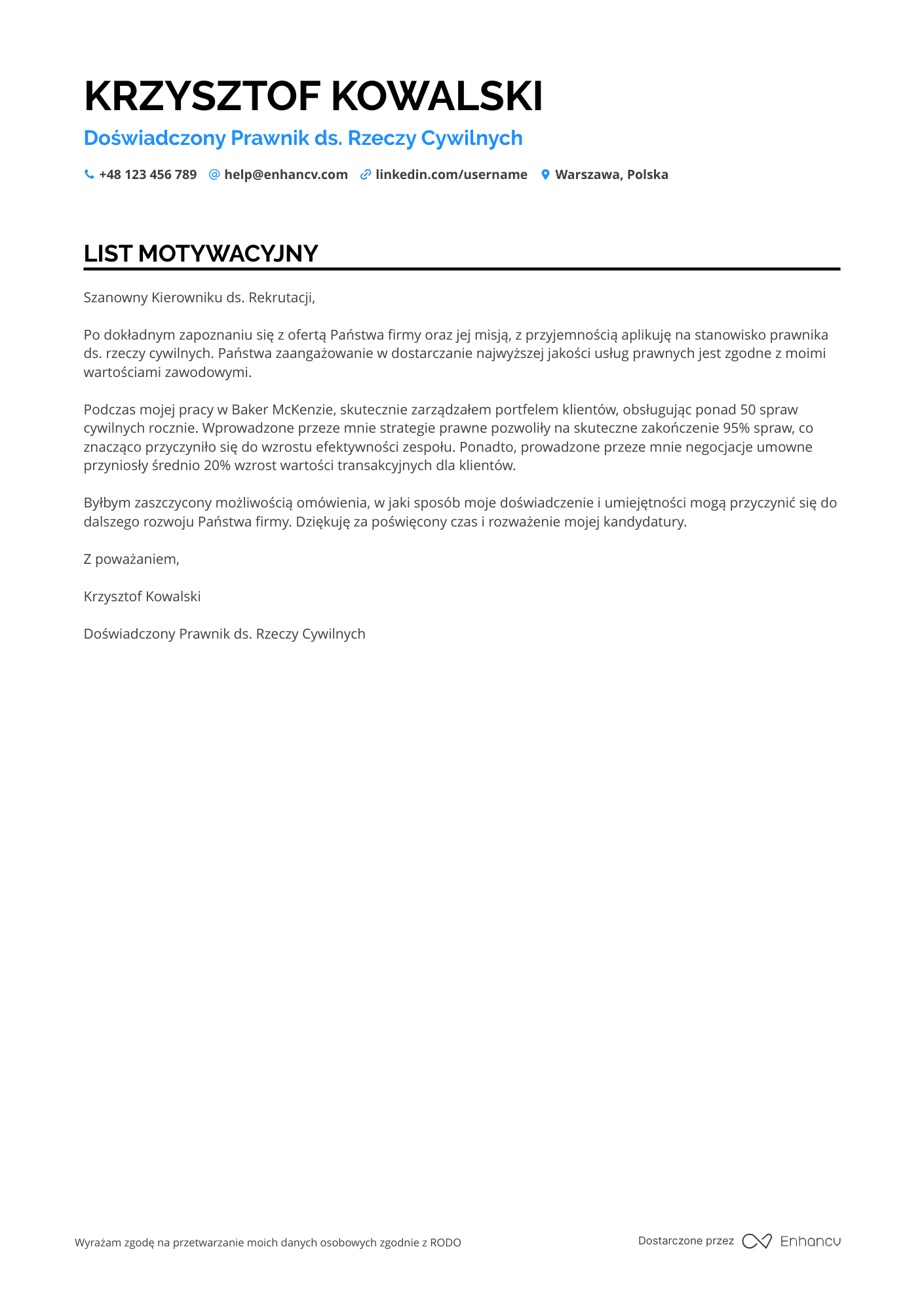 List motywacyjny dla Prawnik ds. Rzeczy Cywilnych