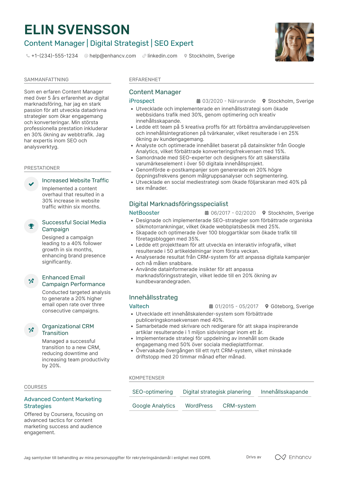 CV för Content Manager Digital Marknadsförare