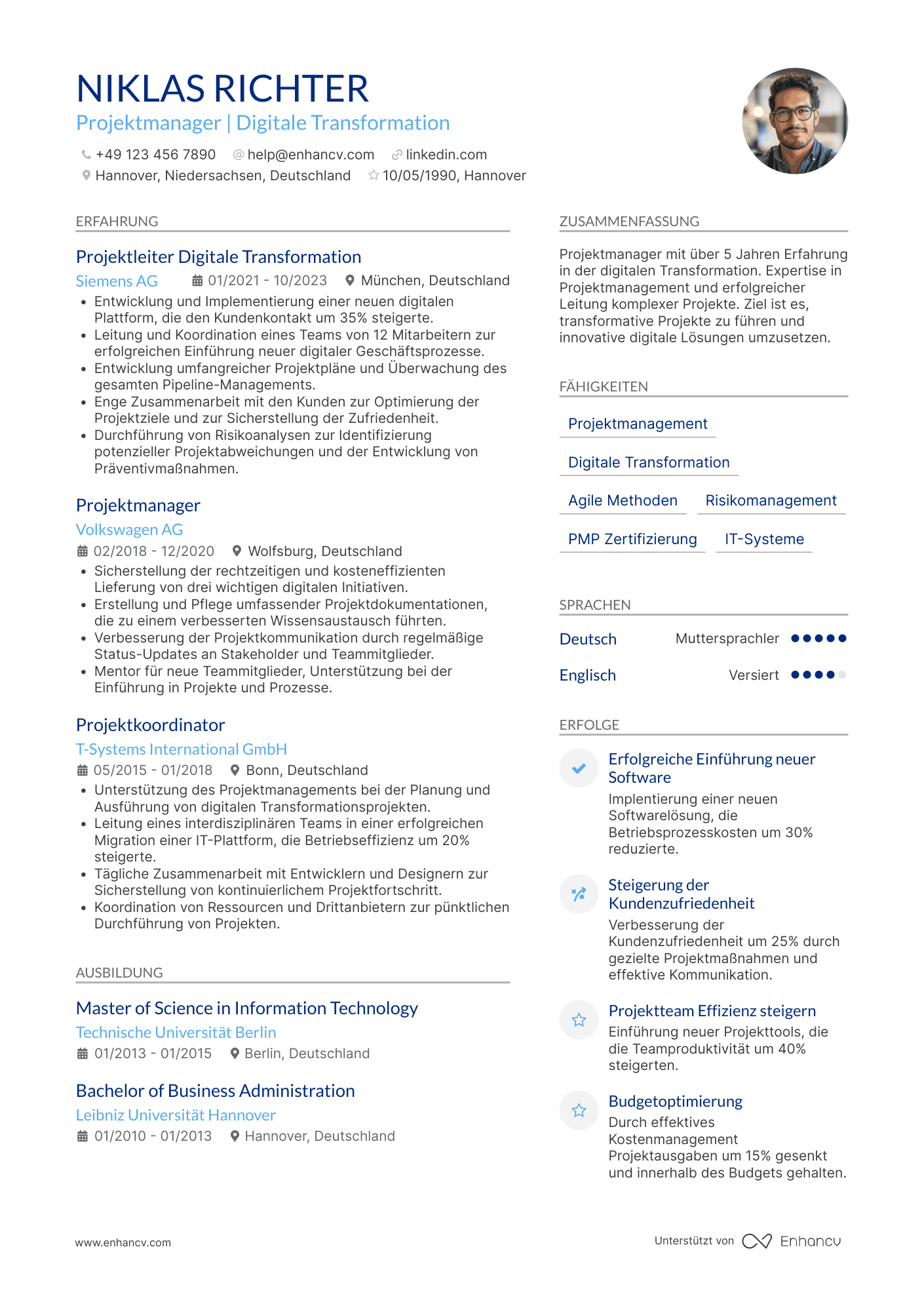 Lebenslauf als Projektmanager für digitale Transformation