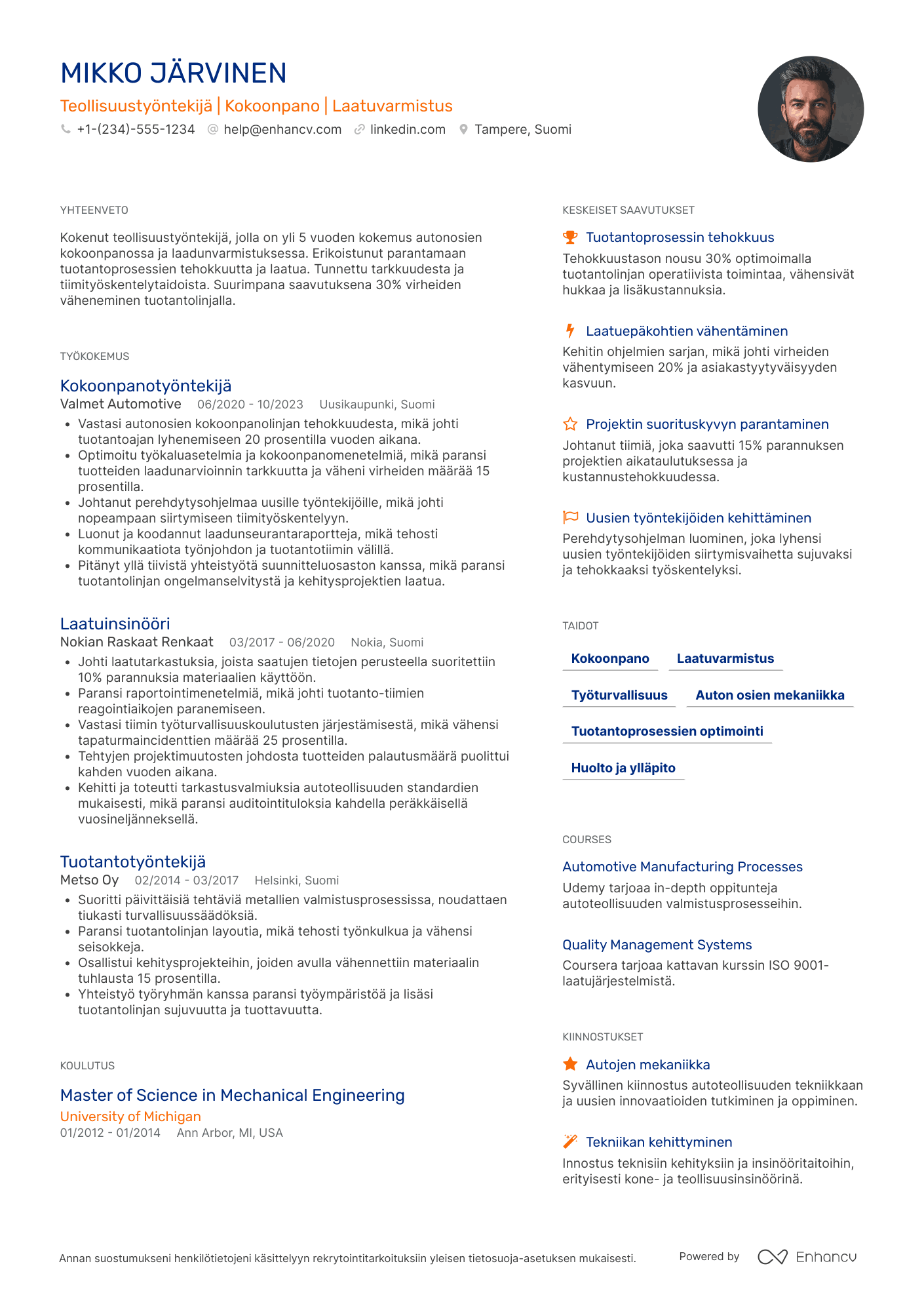 Ansioluettelo Teollisuustyöntekijä Autoteollisuus