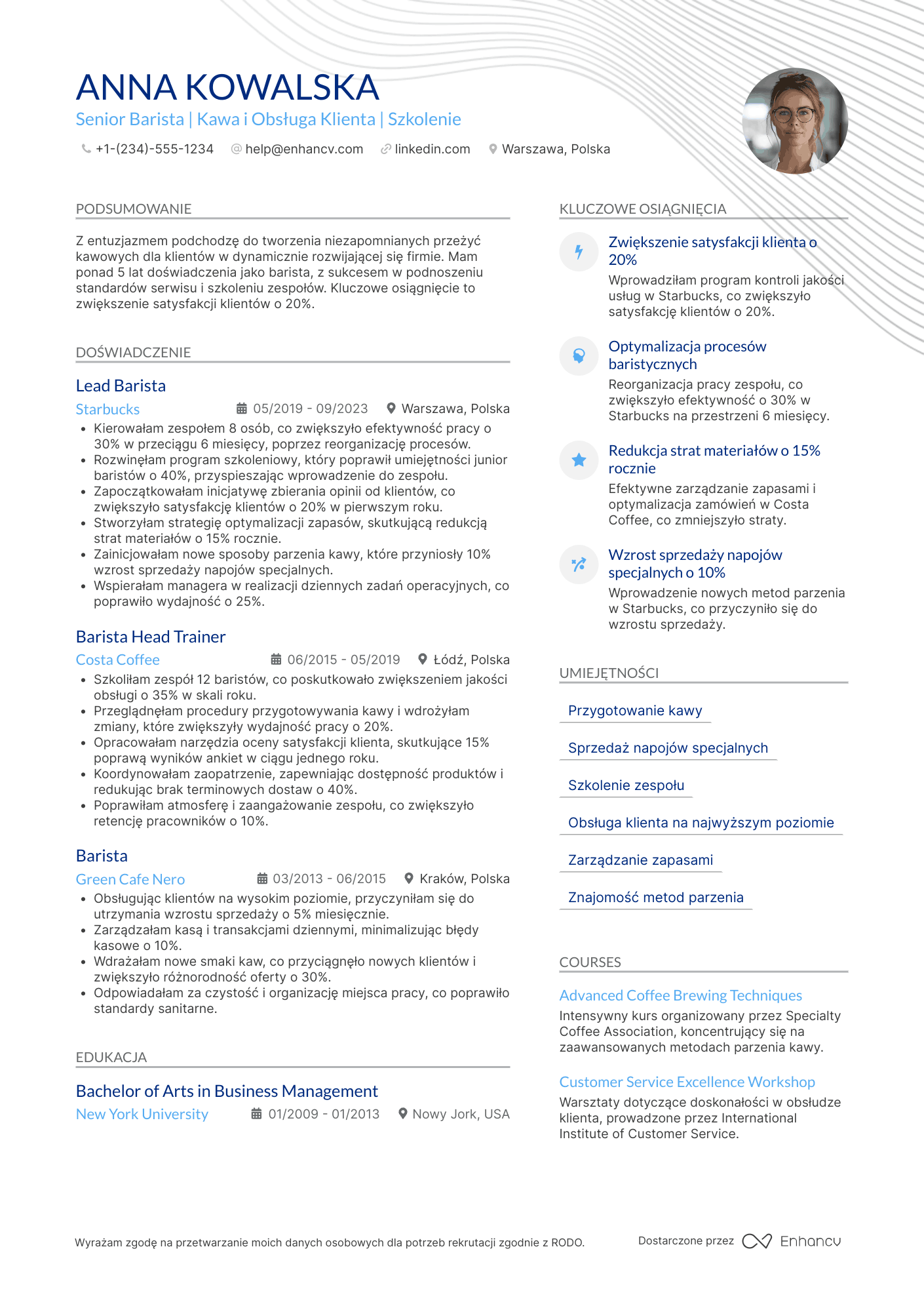 CV dla Senior Barista