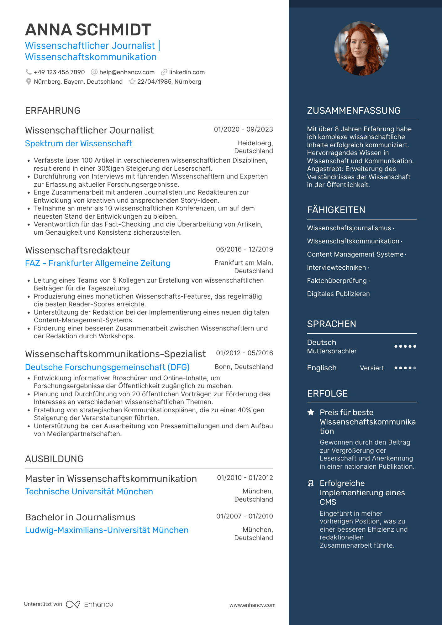 Lebenslauf in Wissenschaftlicher Journalist