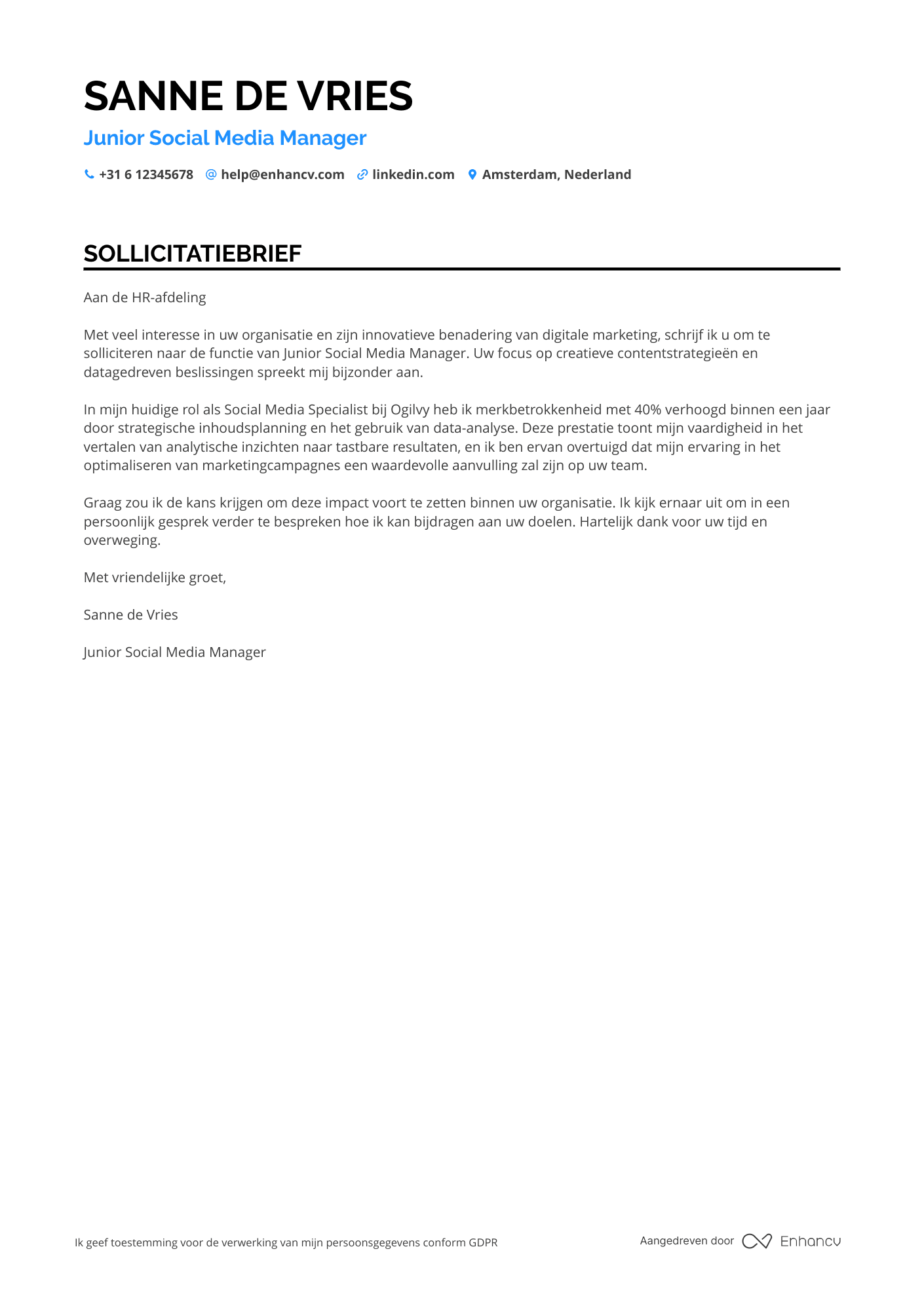Sollicitatiebrief voor Entry Level Social Media Manager