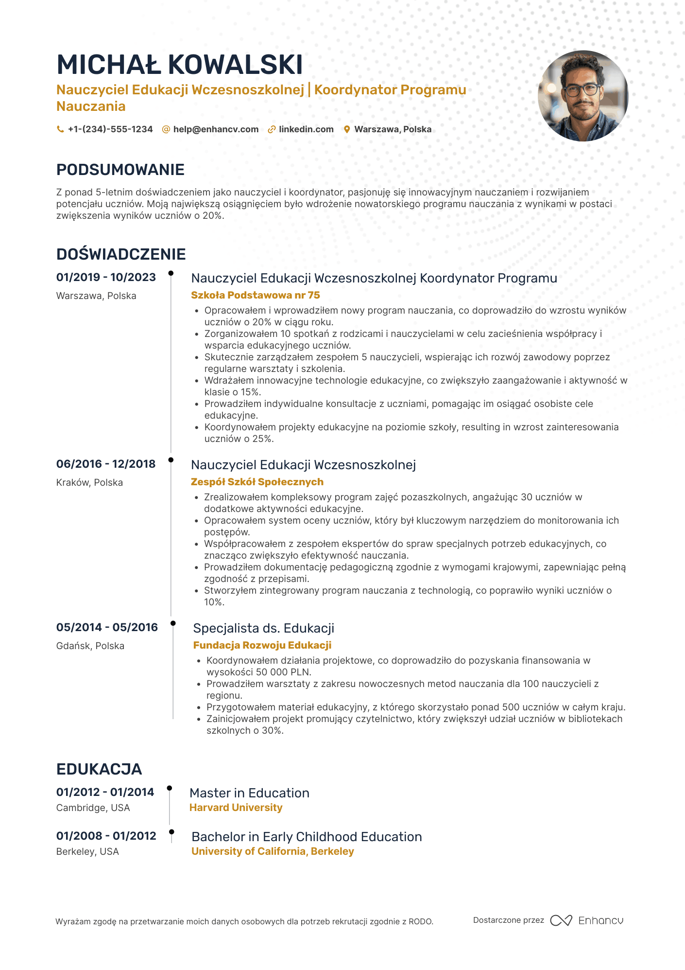CV dla Nauczyciel Edukacji Wczesnoszkolnej Koordynator Programu Nauczania