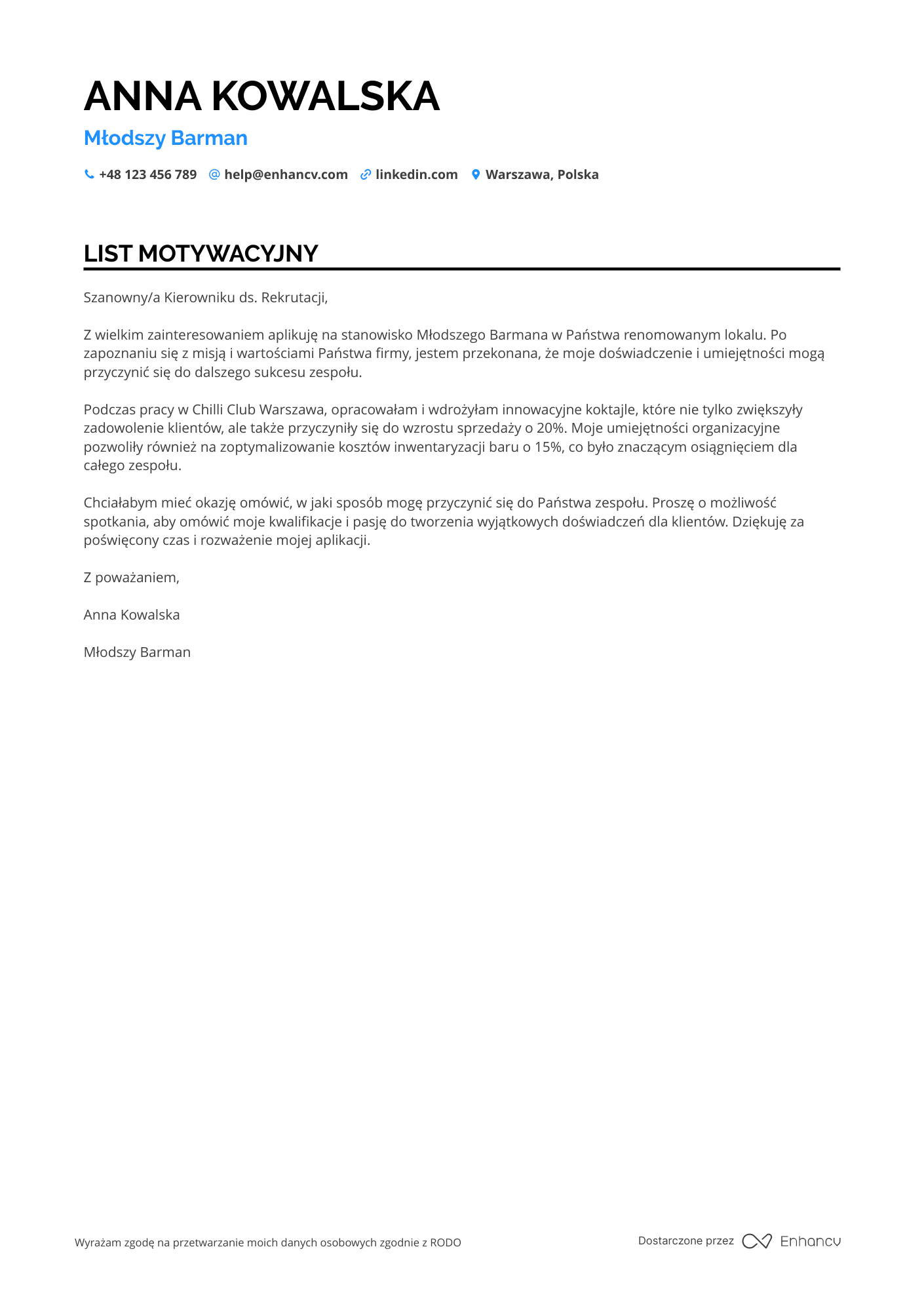 List motywacyjny dla Młodszy Barman