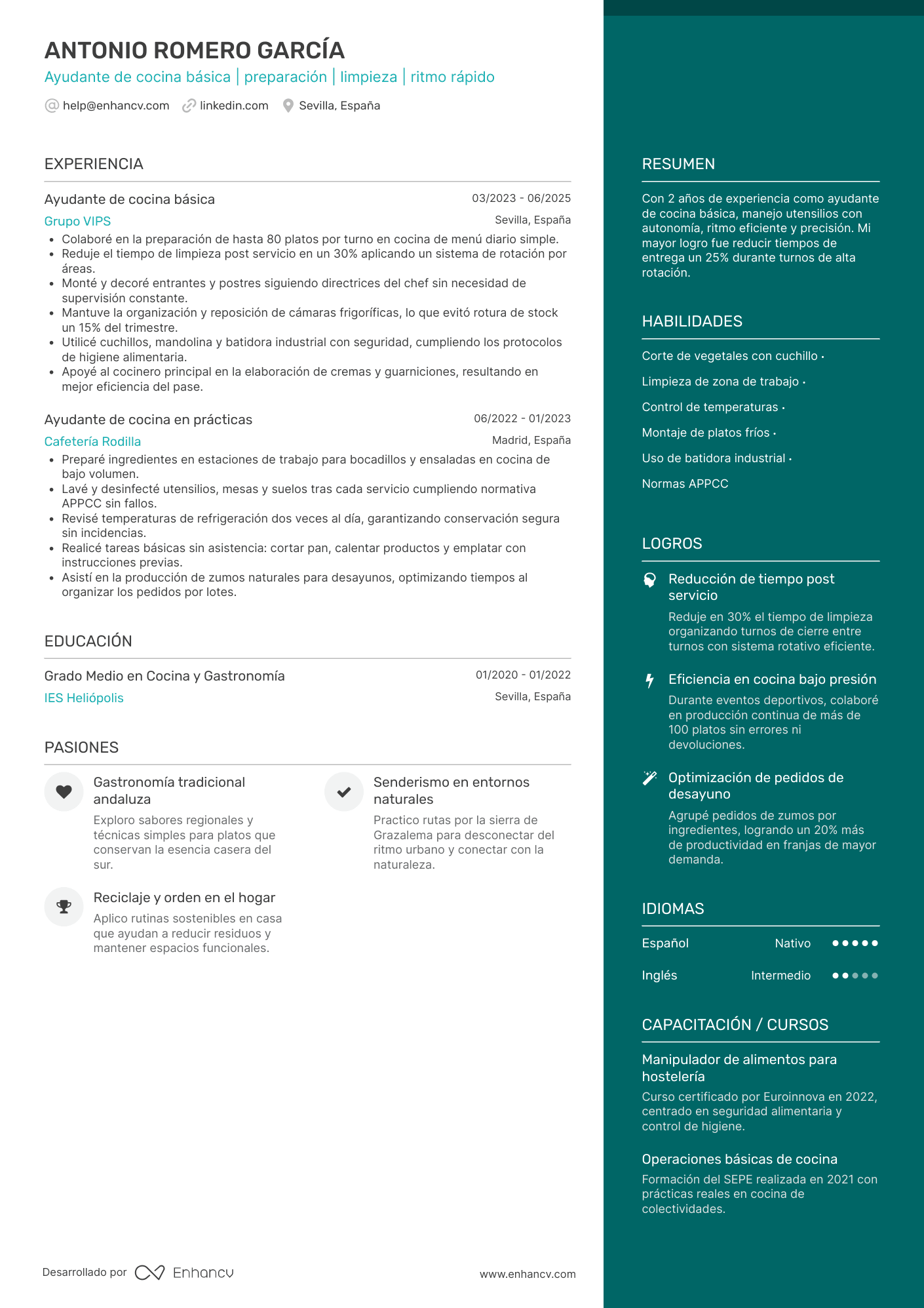 Ejemplo de currículum de ayudante de cocina básica