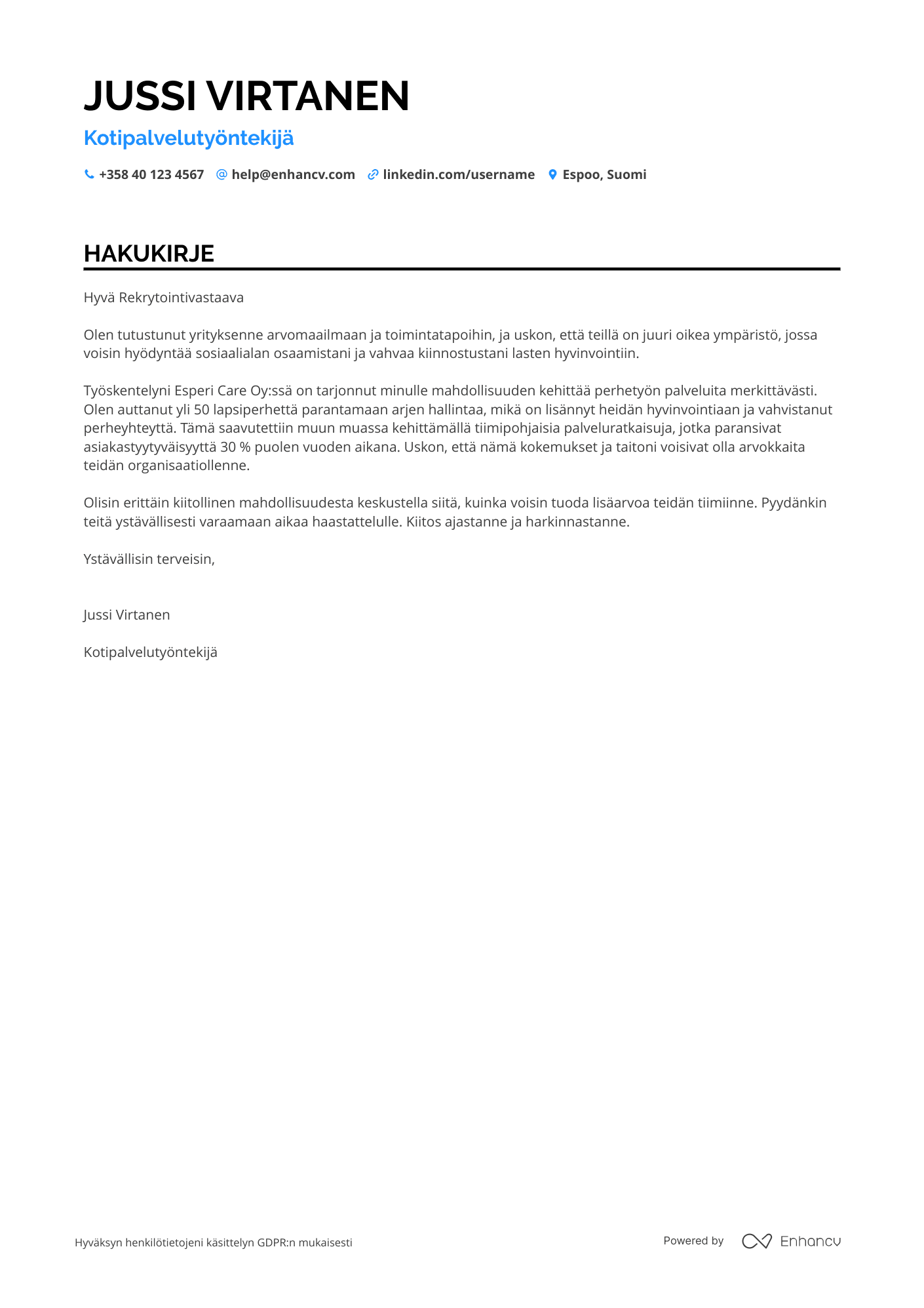 Hakukirje Perhetyön kotipalvelutyöntekijä