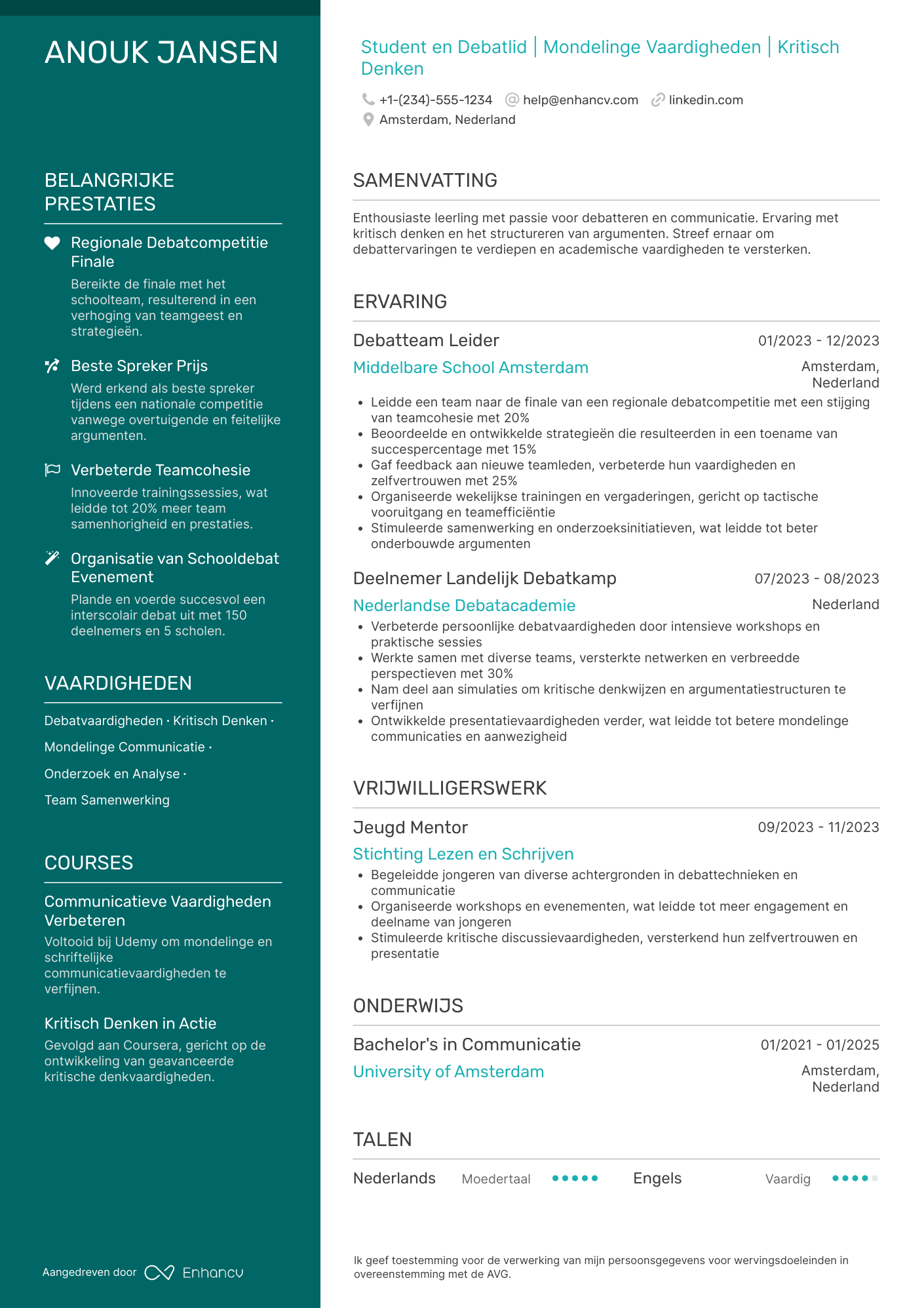 CV voor Middelbare School Student Experienced Debate Team Member