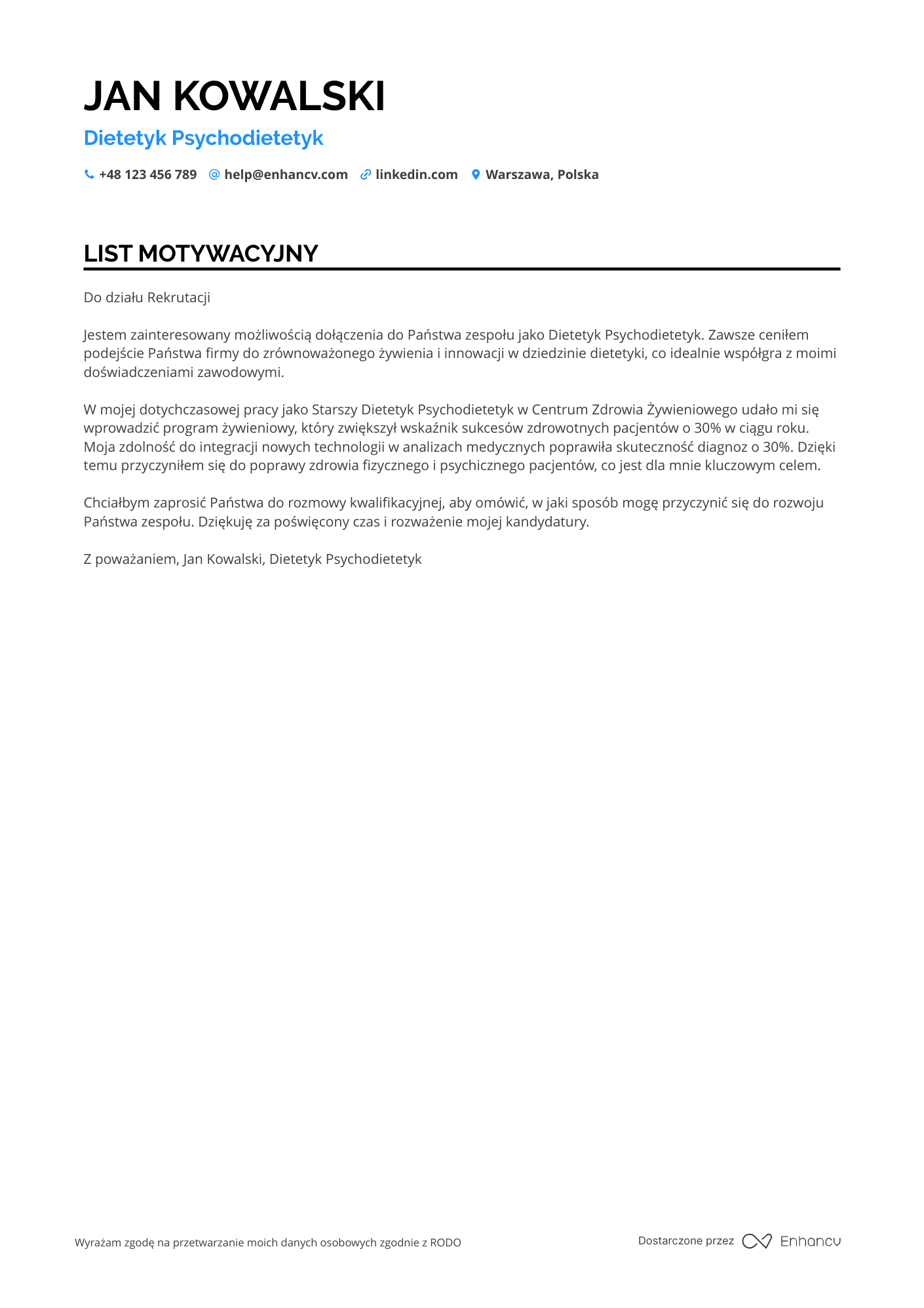 List motywacyjny dla Dietetyk psychodietetyk