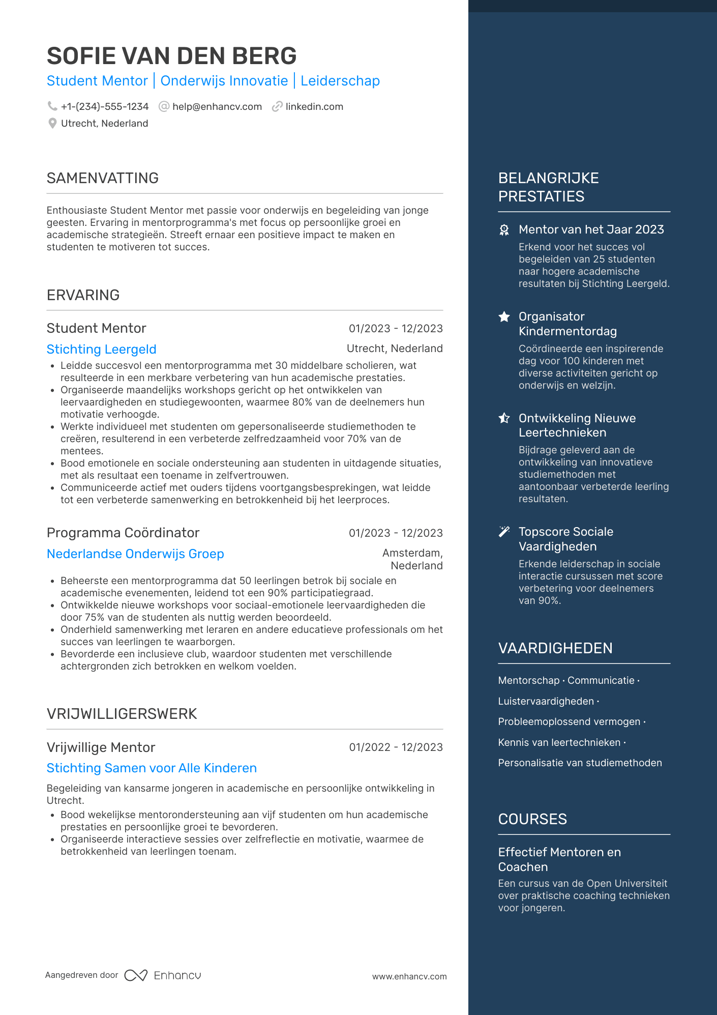 CV voor Middelbare School Student Mentor