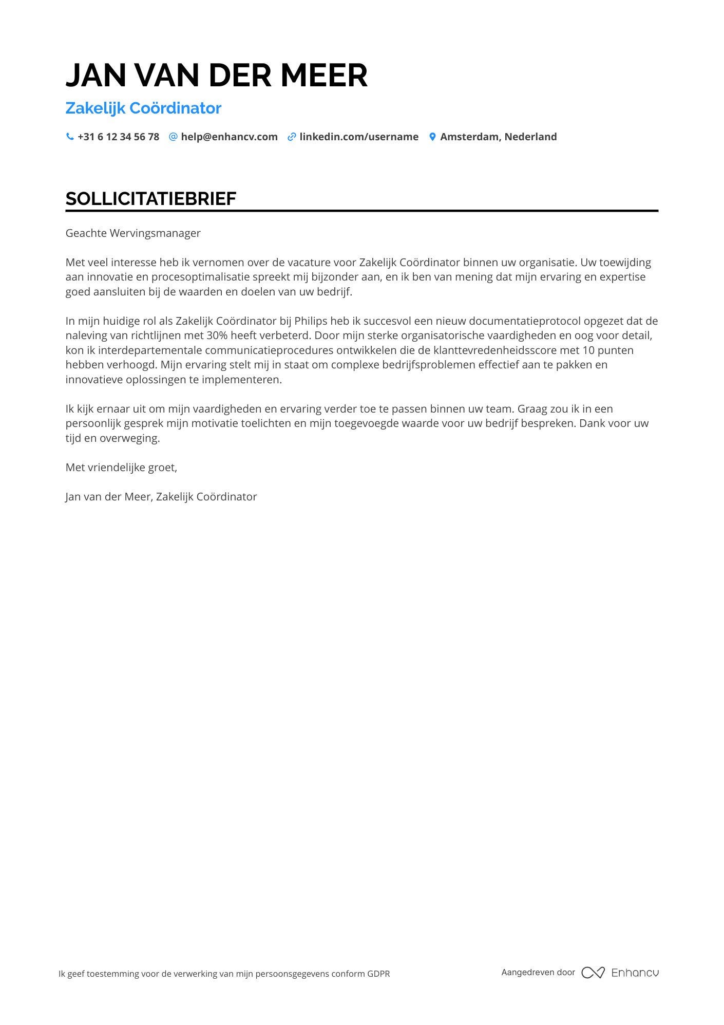 Sollicitatiebrief voor Zakelijk Coördinator