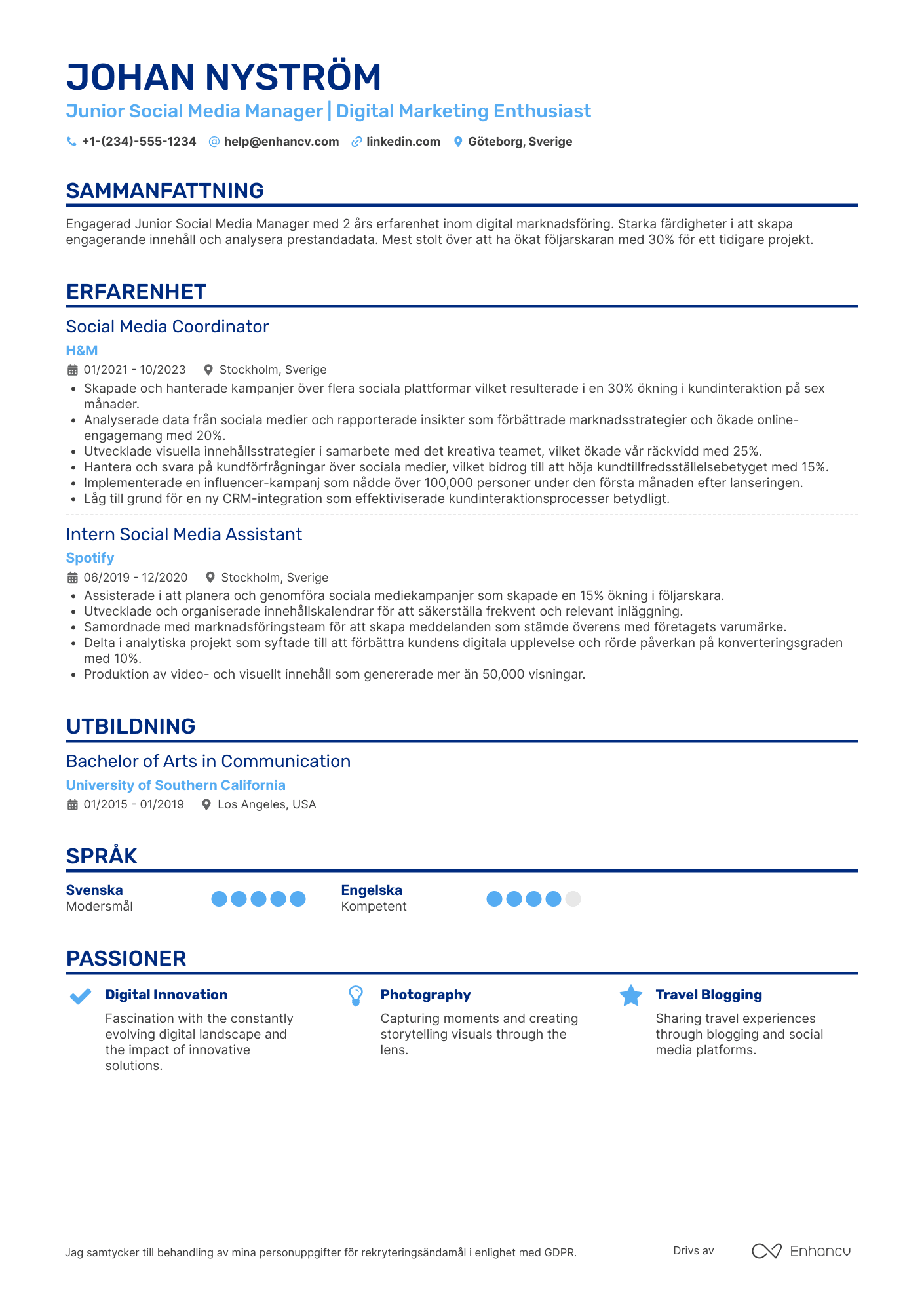 CV för Junior Social Media Manager