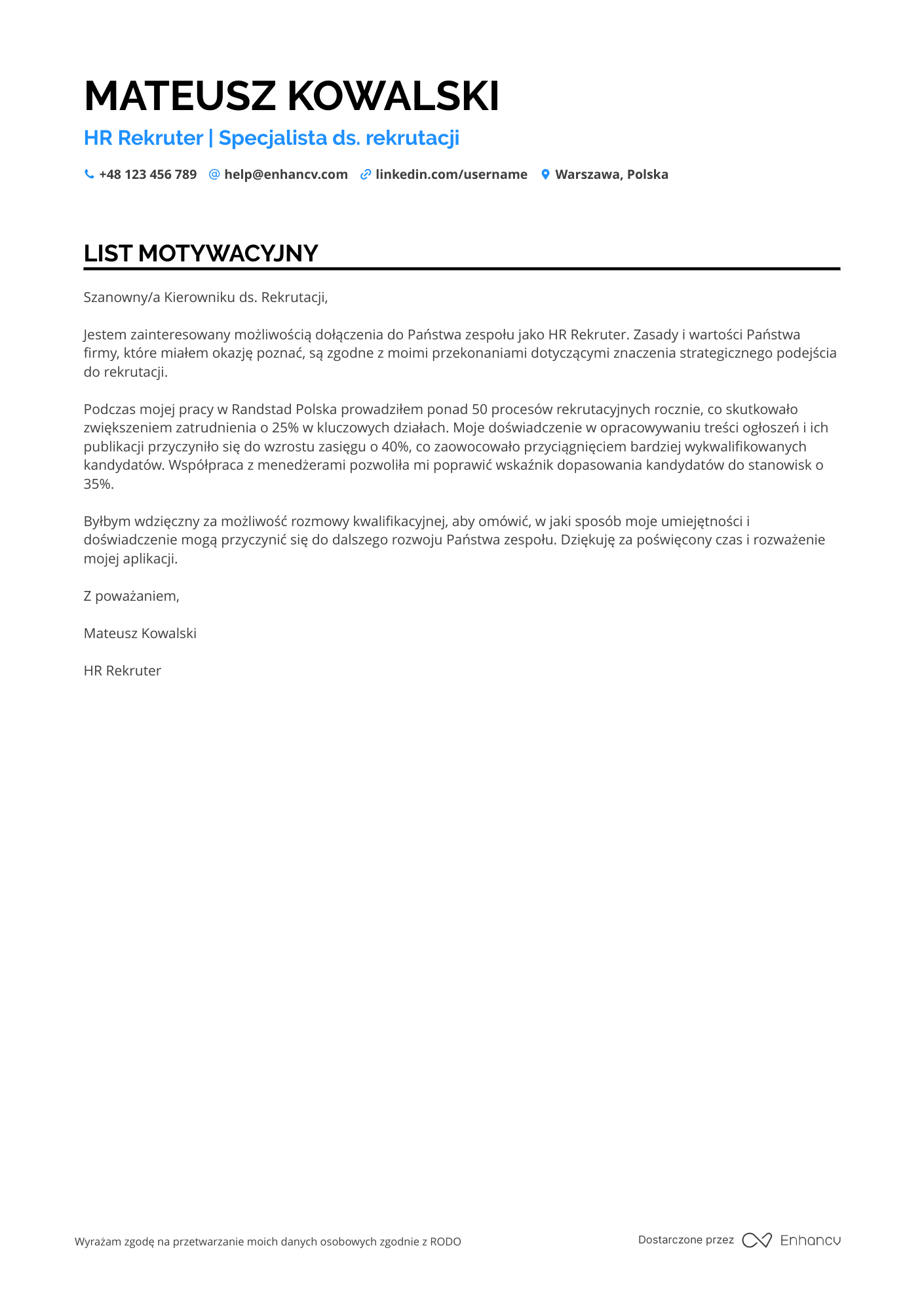 List motywacyjny dla HR Rekruter